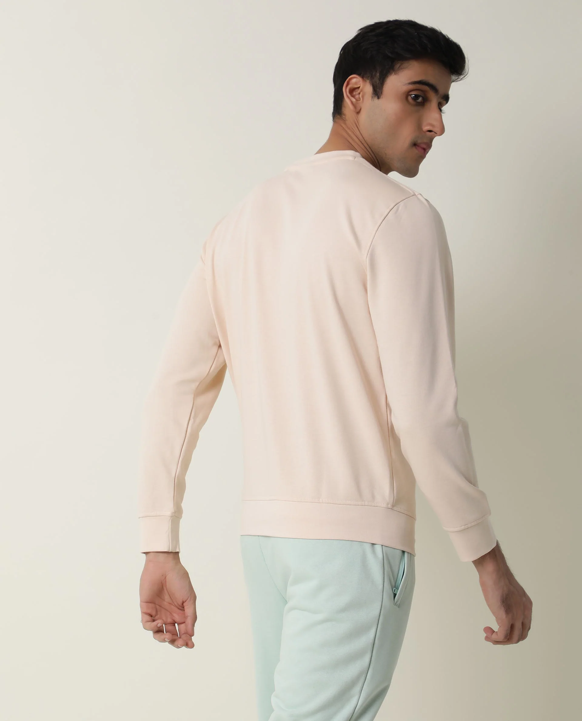 Rare Rabbit Men's Bliss Beige Cotton Plain Slim Fit Full Sleeve Crew Neck Sweatshirt - Image 9