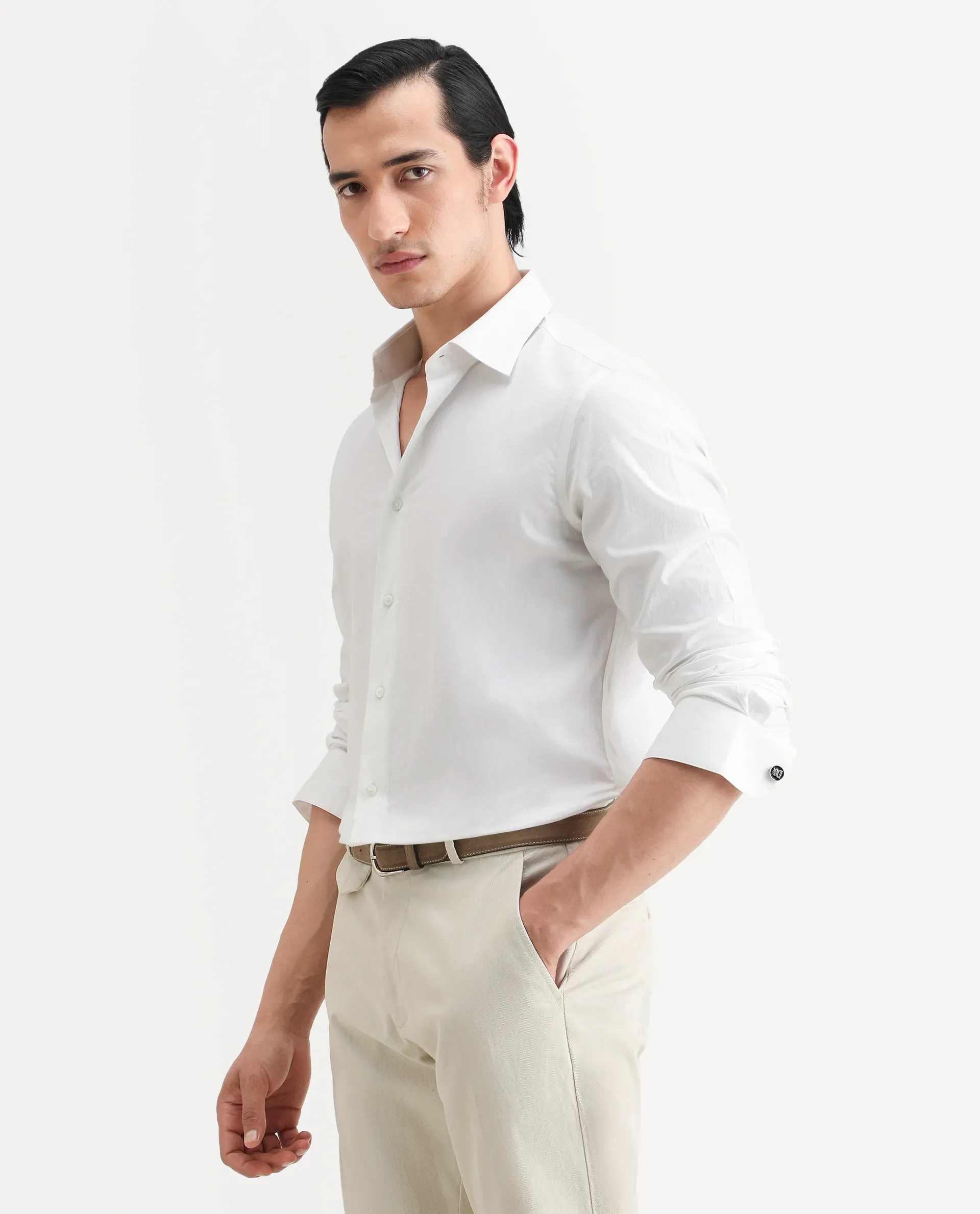 Rare Rabbit Men's Bliv White Cotton Spread Collar Regular Fit Plain Shirt - Image 6