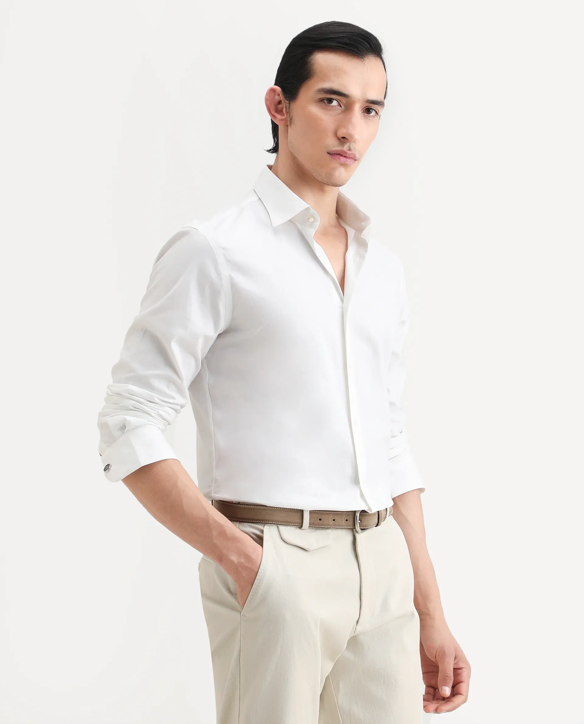 Rare Rabbit Men's Bliv White Cotton Spread Collar Regular Fit Plain Shirt - Image 7
