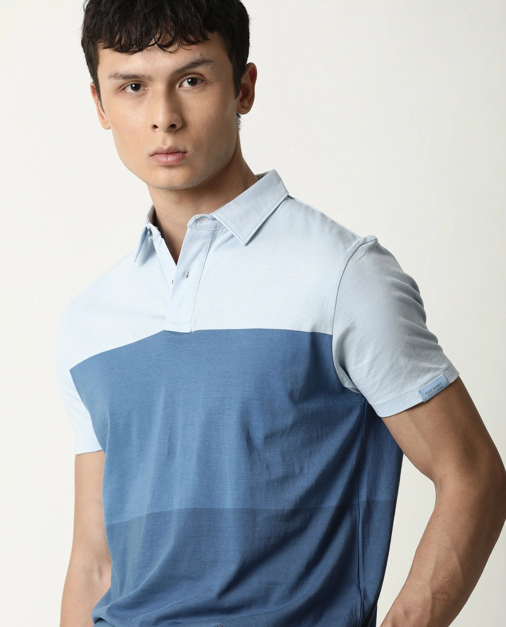 Rare Rabbit Men's Blocky Blue Cotton Color Block Slim Fit Half Sleeve Polo