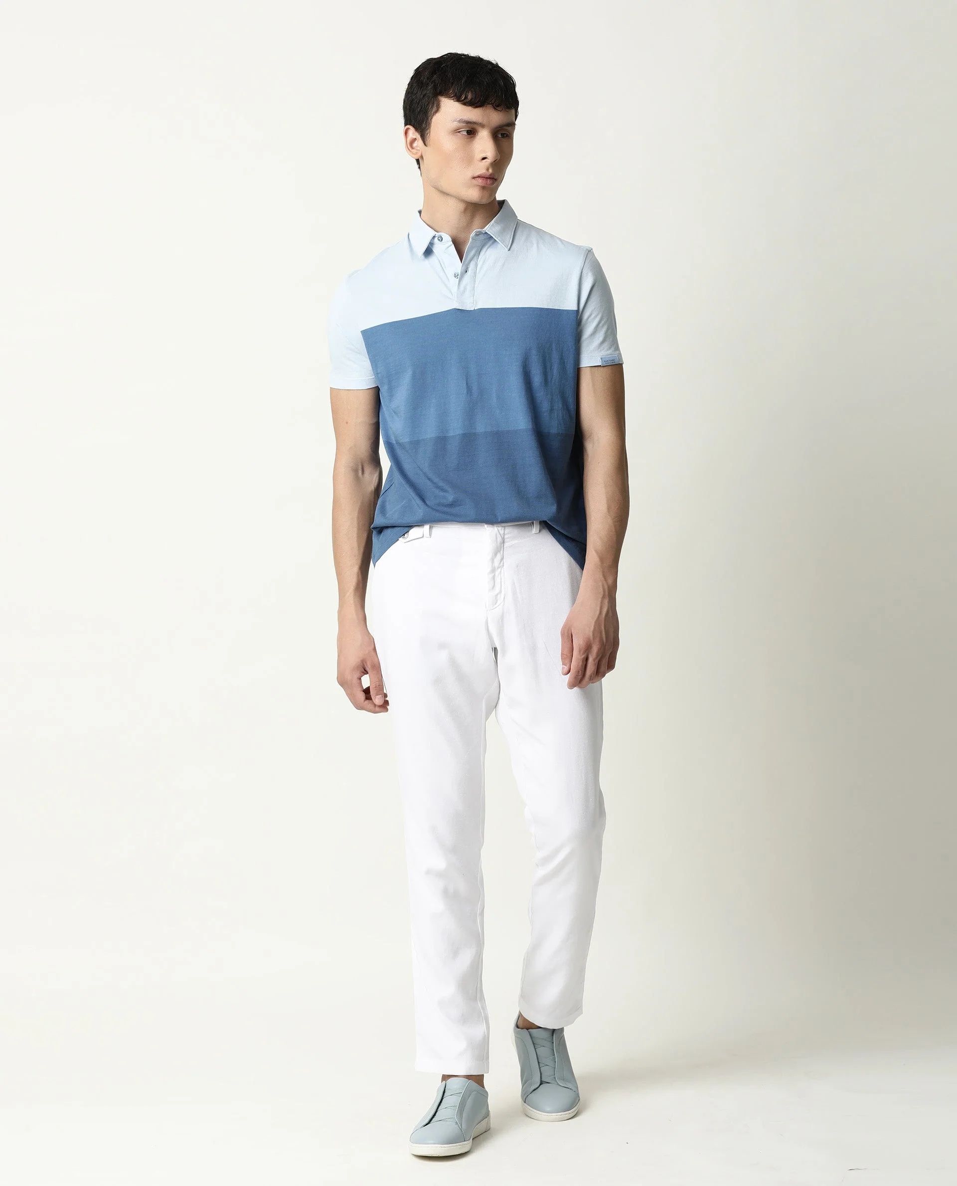 Rare Rabbit Men's Blocky Blue Cotton Color Block Slim Fit Half Sleeve Polo - Image 2