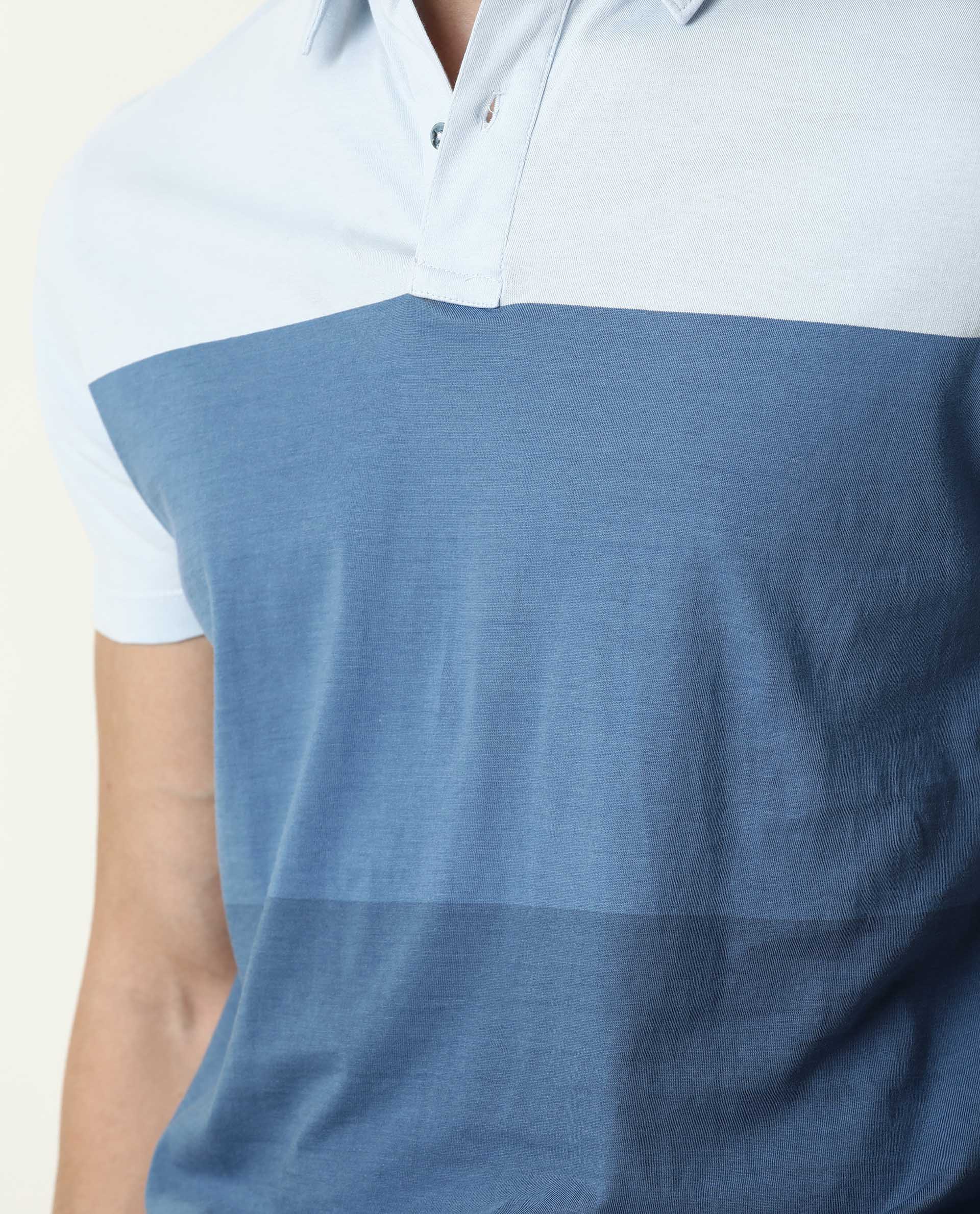 Rare Rabbit Men's Blocky Blue Cotton Color Block Slim Fit Half Sleeve Polo - Image 3