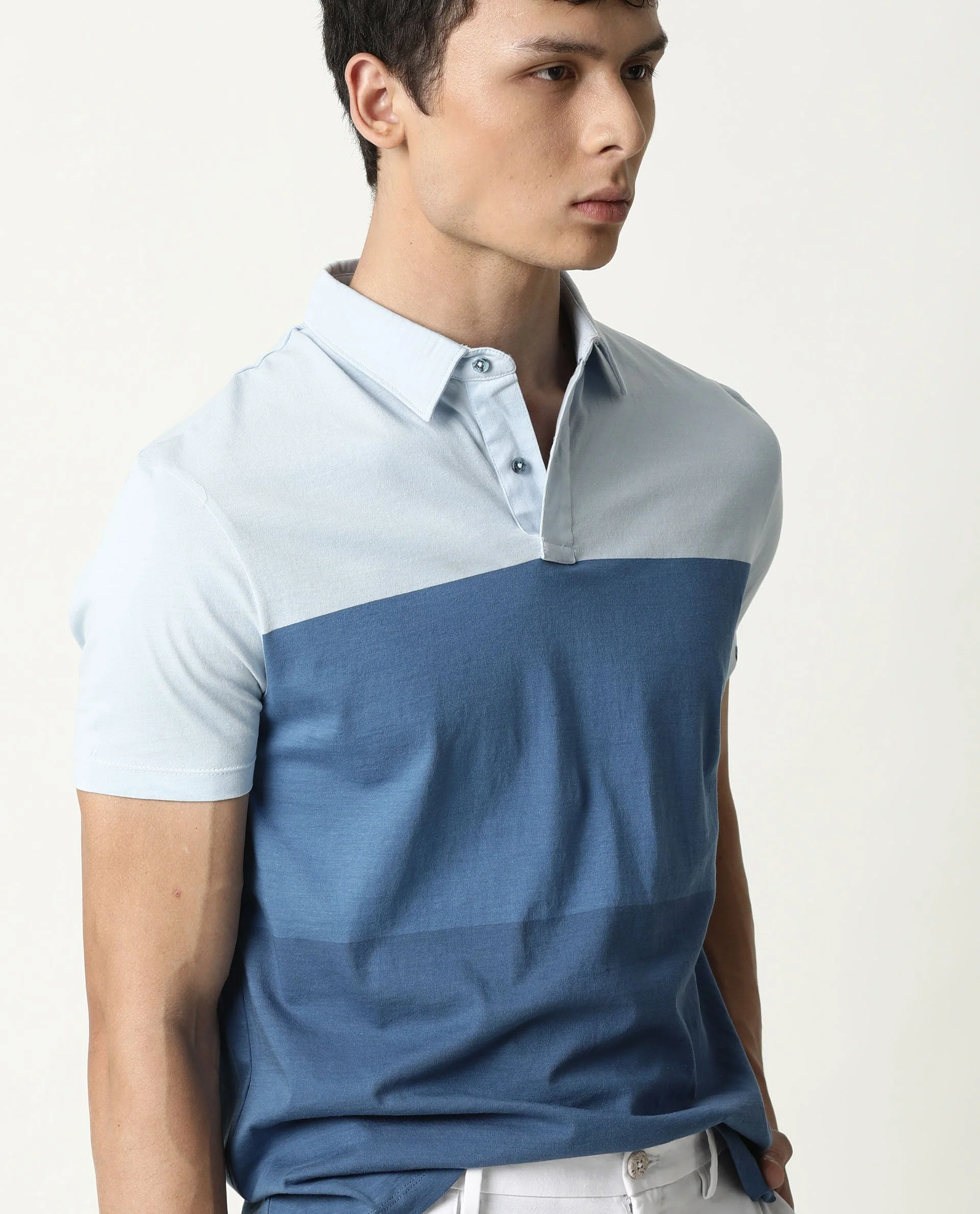 Rare Rabbit Men's Blocky Blue Cotton Color Block Slim Fit Half Sleeve Polo - Image 4