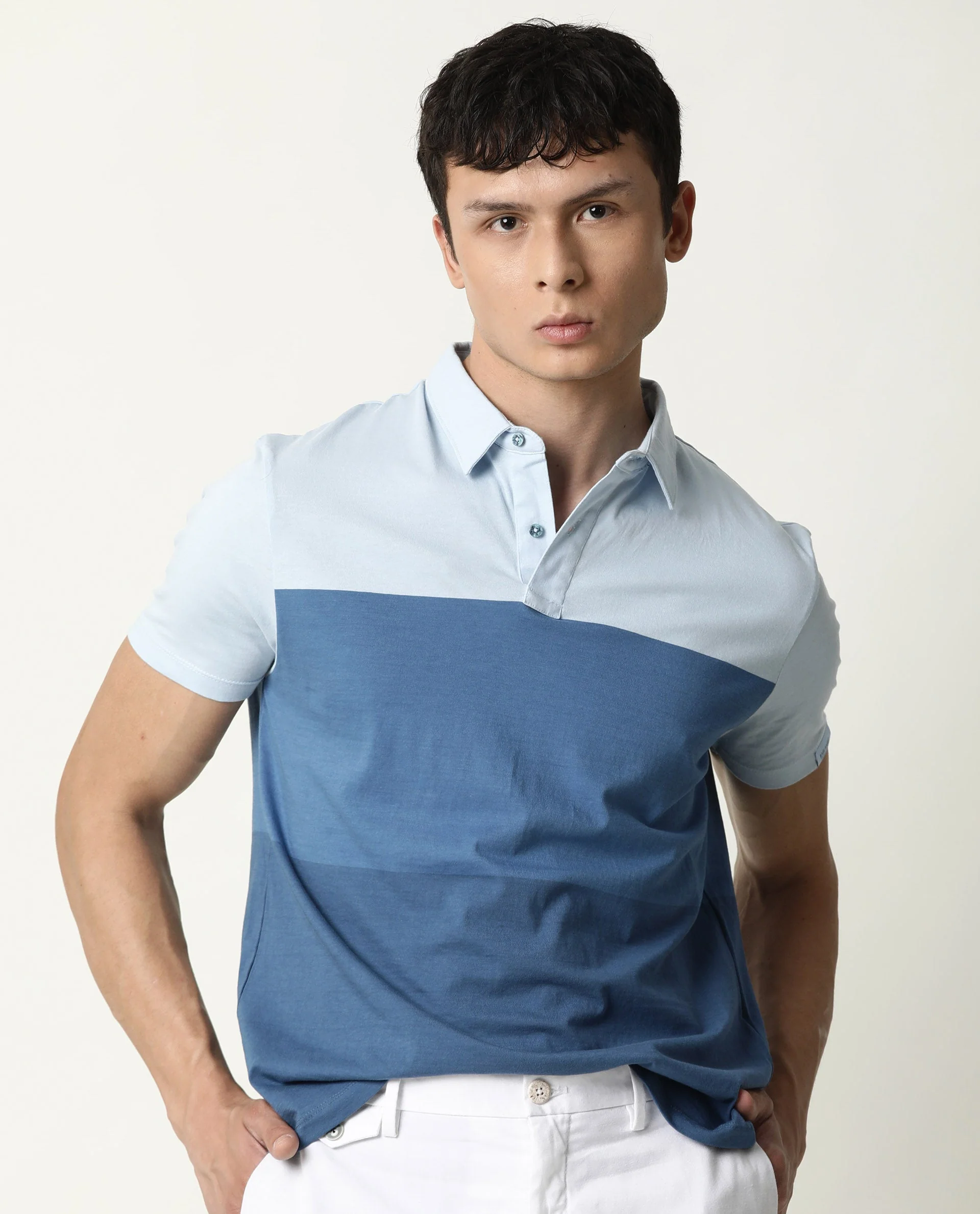 Rare Rabbit Men's Blocky Blue Cotton Color Block Slim Fit Half Sleeve Polo - Image 6