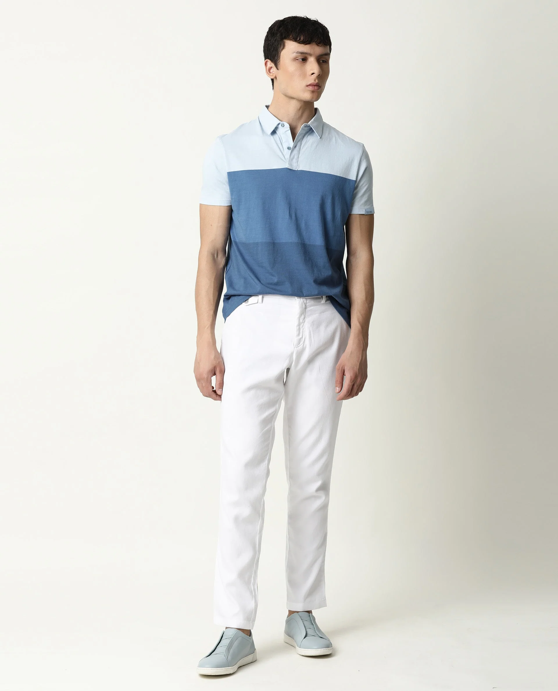 Rare Rabbit Men's Blocky Blue Cotton Color Block Slim Fit Half Sleeve Polo - Image 7