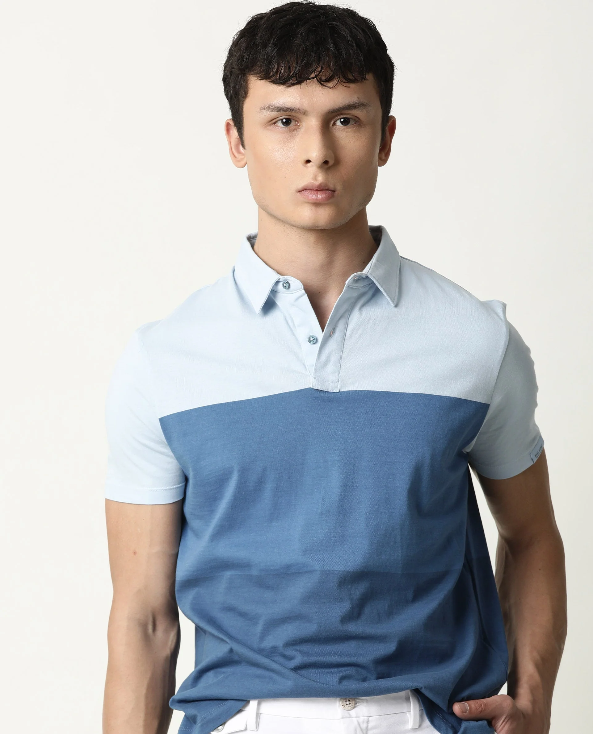 Rare Rabbit Men's Blocky Blue Cotton Color Block Slim Fit Half Sleeve Polo - Image 8