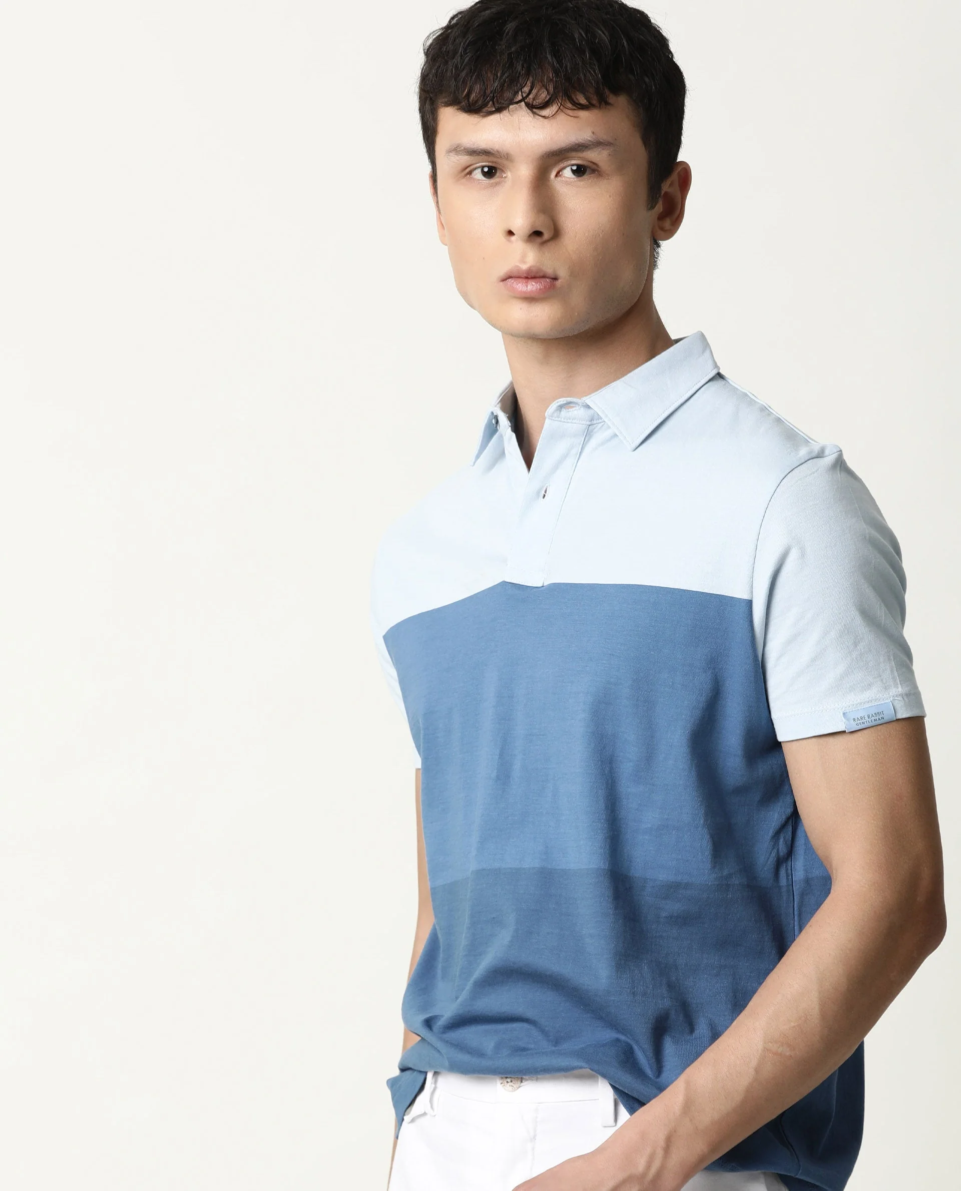 Rare Rabbit Men's Blocky Blue Cotton Color Block Slim Fit Half Sleeve Polo - Image 9