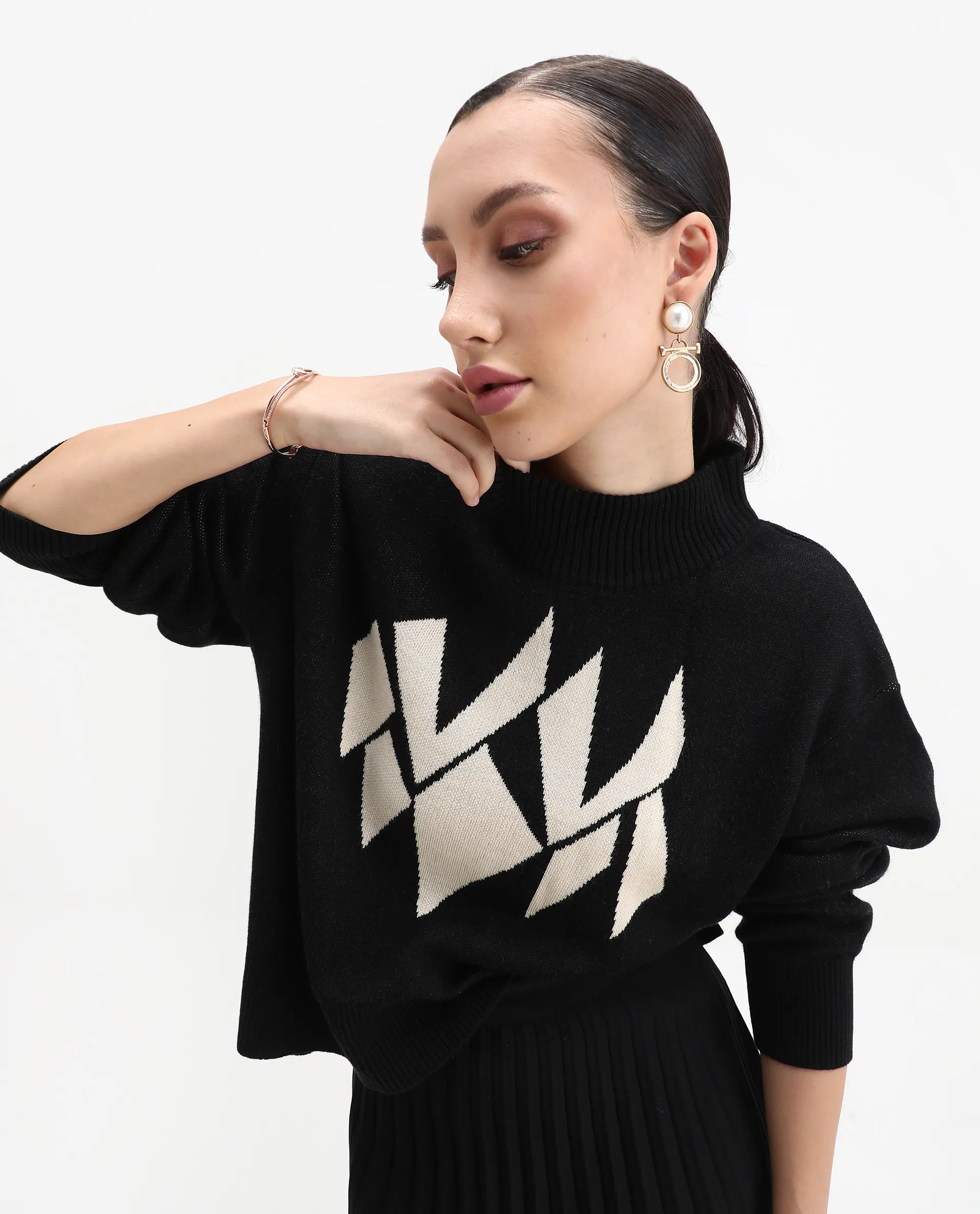 Rareism Women's Blocky Black Acrylic Blend High Neck Relaxed Fit Sweater - Image 2
