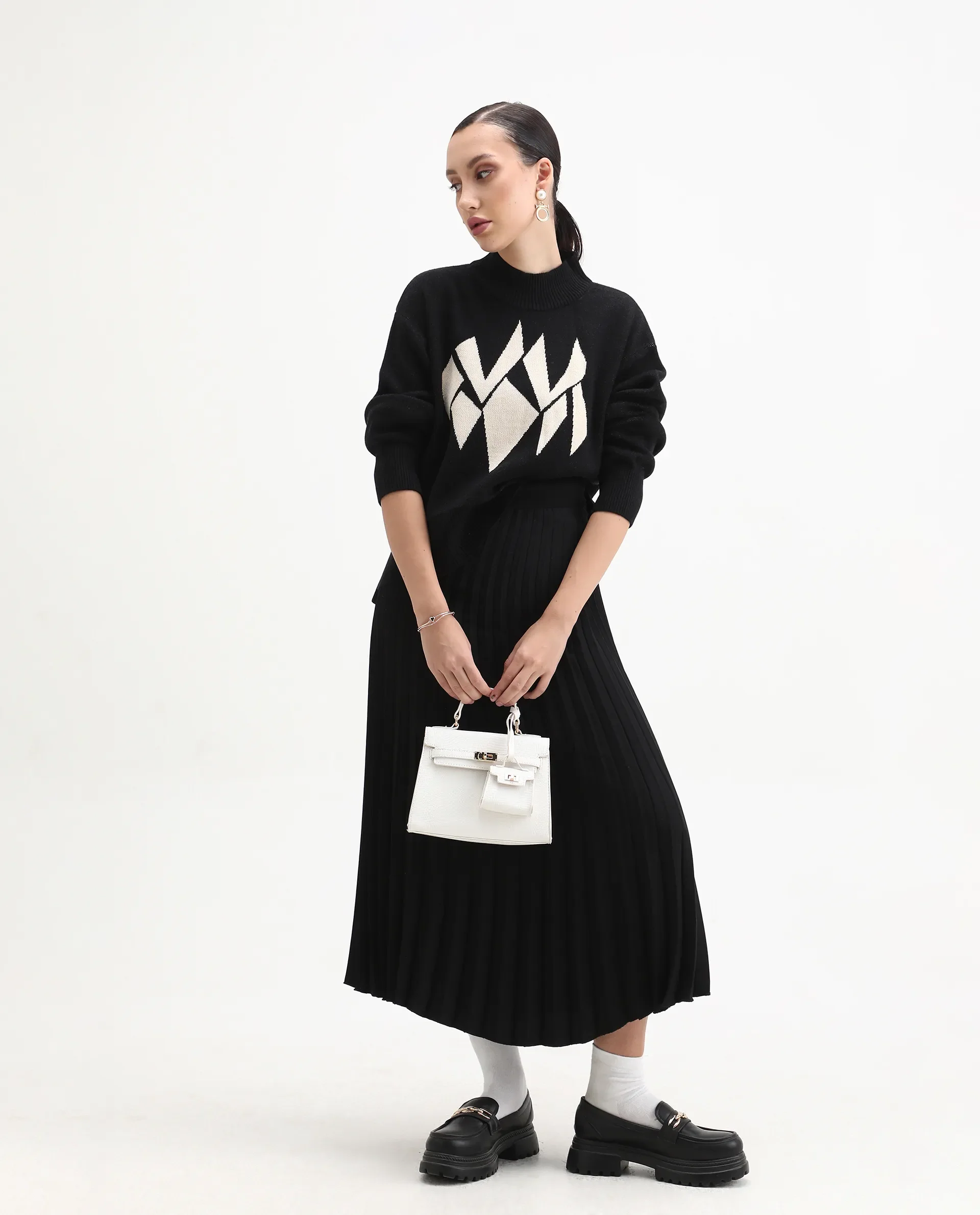 Rareism Women's Blocky Black Acrylic Blend High Neck Relaxed Fit Sweater - Image 3