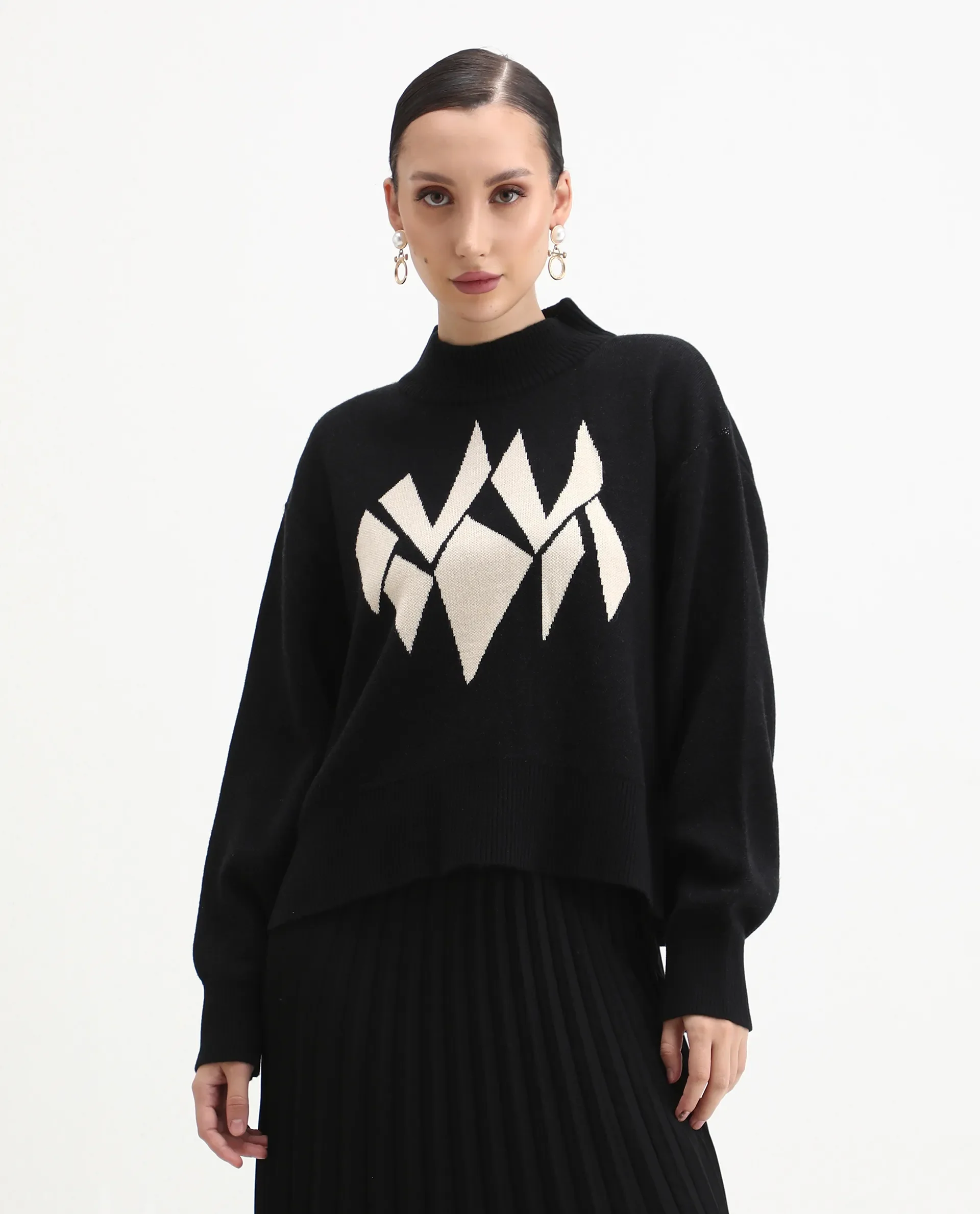 Rareism Women's Blocky Black Acrylic Blend High Neck Relaxed Fit Sweater - Image 4