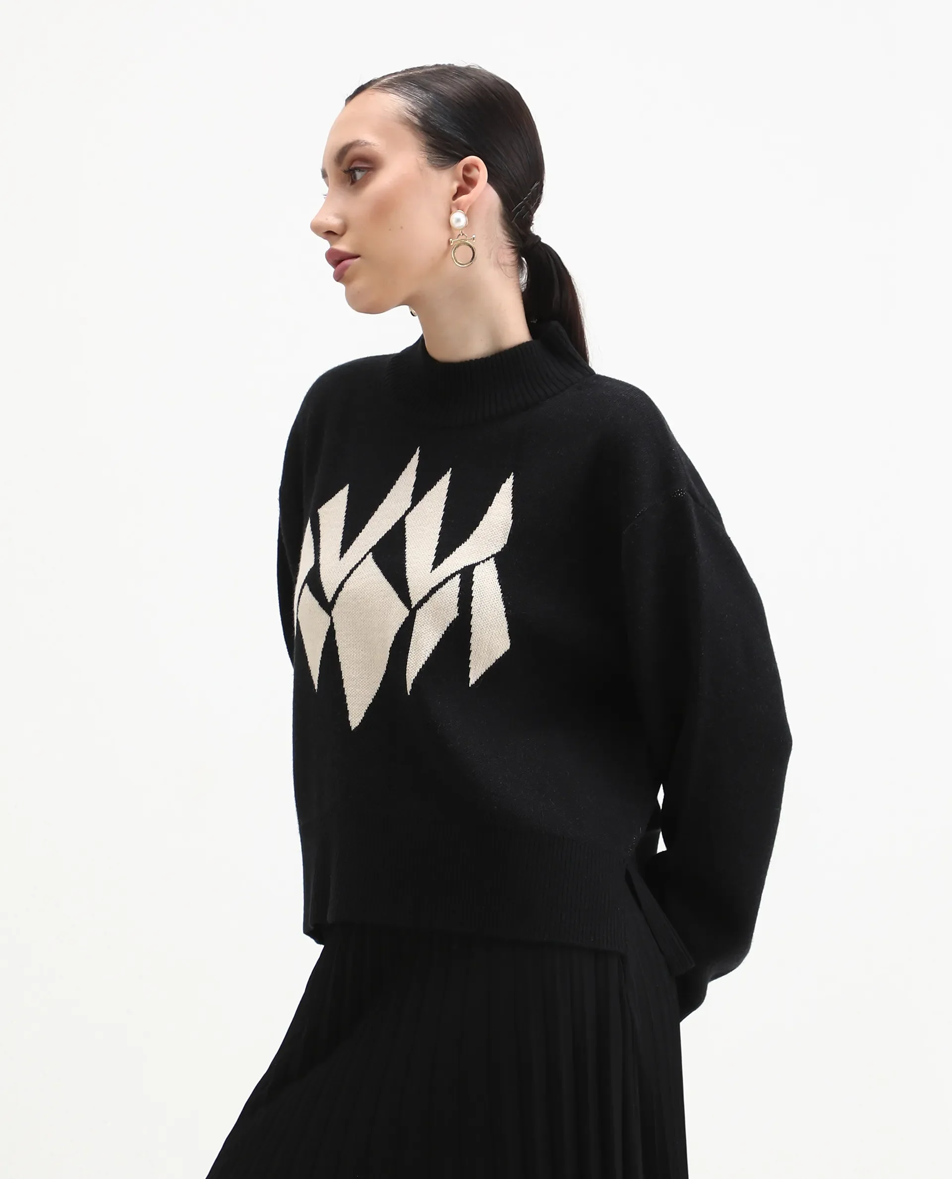 Rareism Women's Blocky Black Acrylic Blend High Neck Relaxed Fit Sweater - Image 5