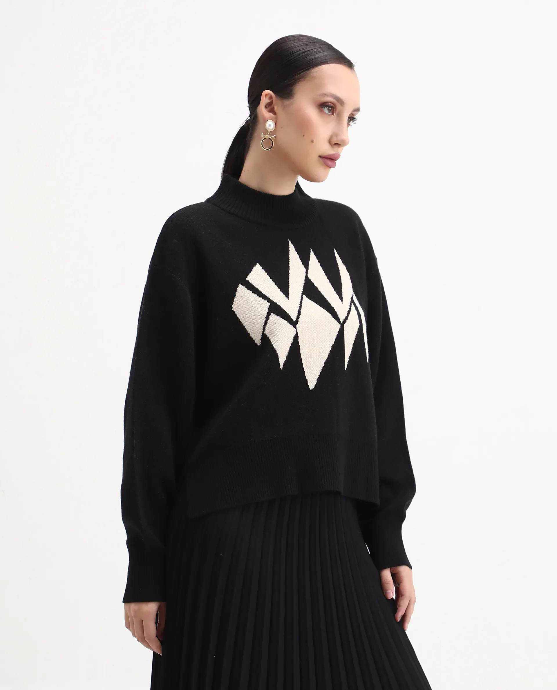 Rareism Women's Blocky Black Acrylic Blend High Neck Relaxed Fit Sweater - Image 6