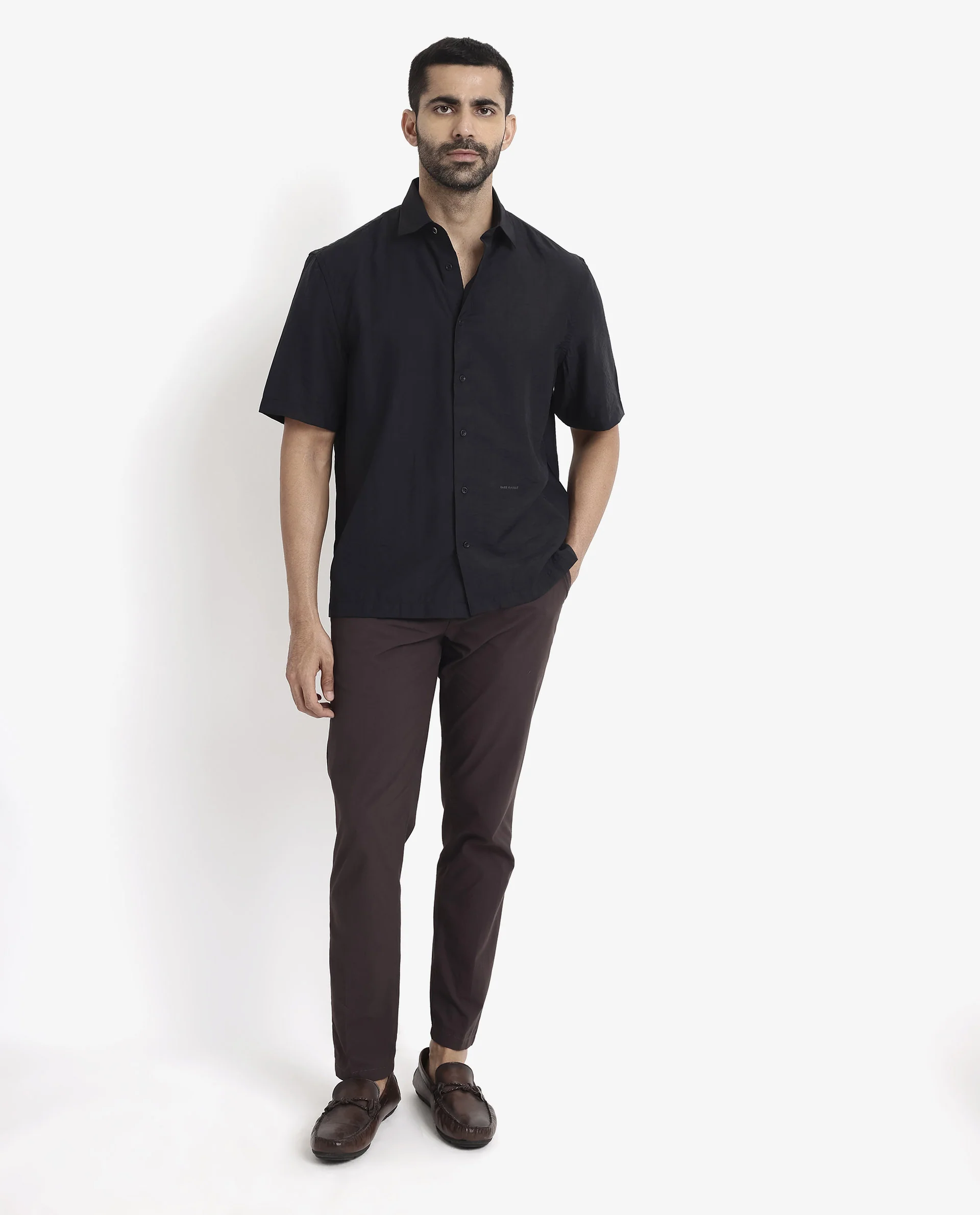 Rare Rabbit Men's Blois Black Viscose Plain Boxy Fit Half Sleeve Collared Shirt - Image 2
