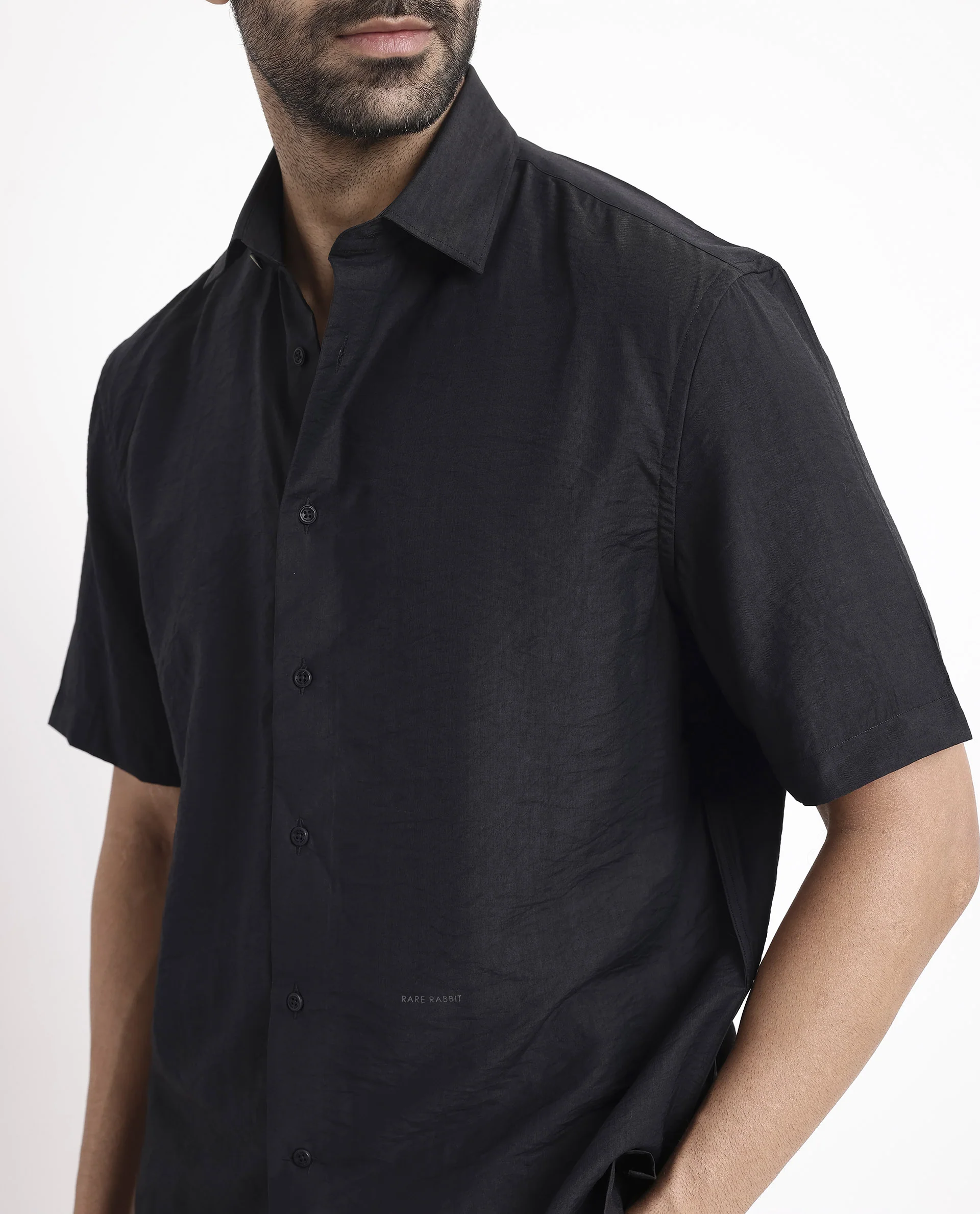 Rare Rabbit Men's Blois Black Viscose Plain Boxy Fit Half Sleeve Collared Shirt - Image 3