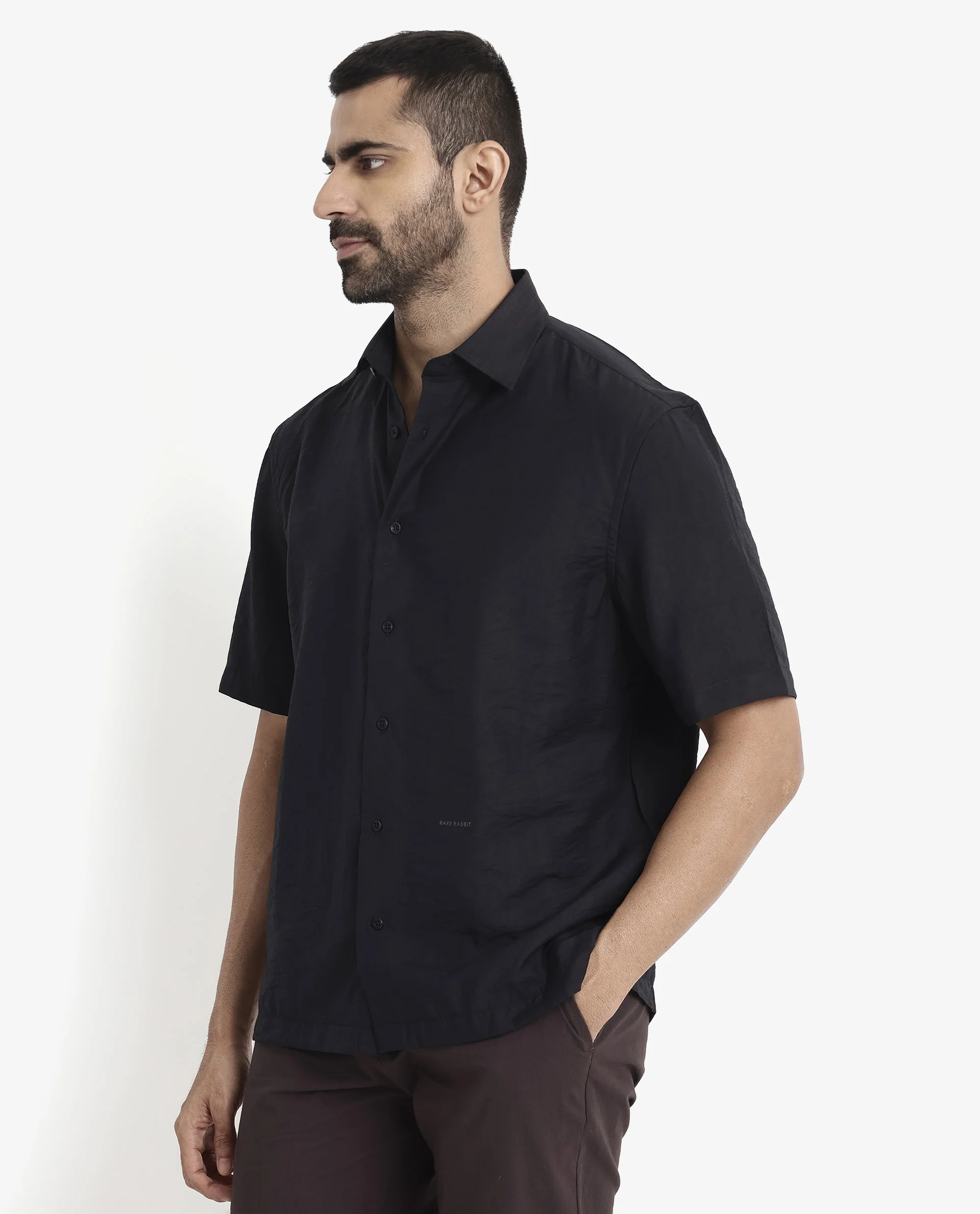 Rare Rabbit Men's Blois Black Viscose Plain Boxy Fit Half Sleeve Collared Shirt - Image 5