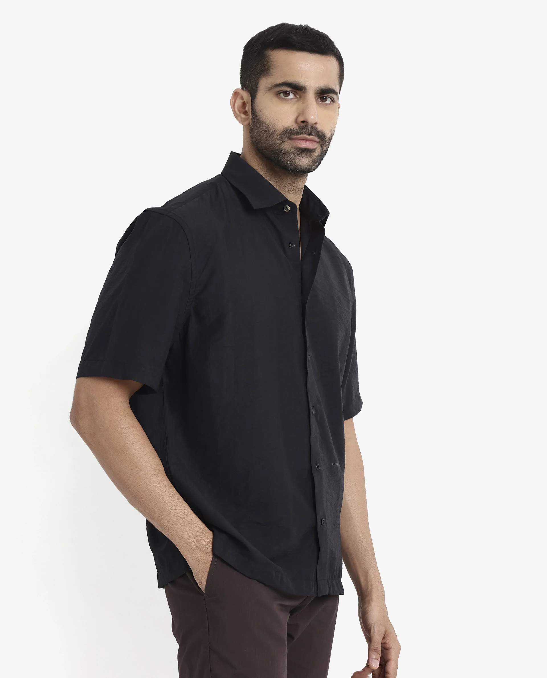 Rare Rabbit Men's Blois Black Viscose Plain Boxy Fit Half Sleeve Collared Shirt - Image 6