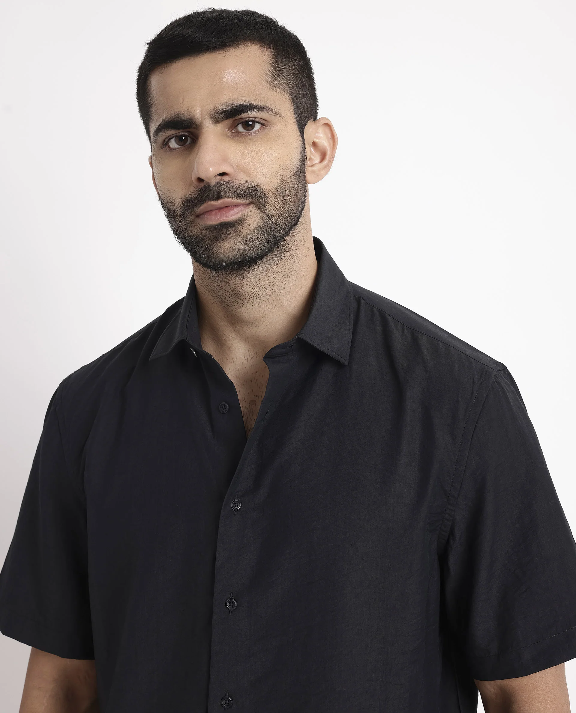 Rare Rabbit Men's Blois Black Viscose Plain Boxy Fit Half Sleeve Collared Shirt - Image 7