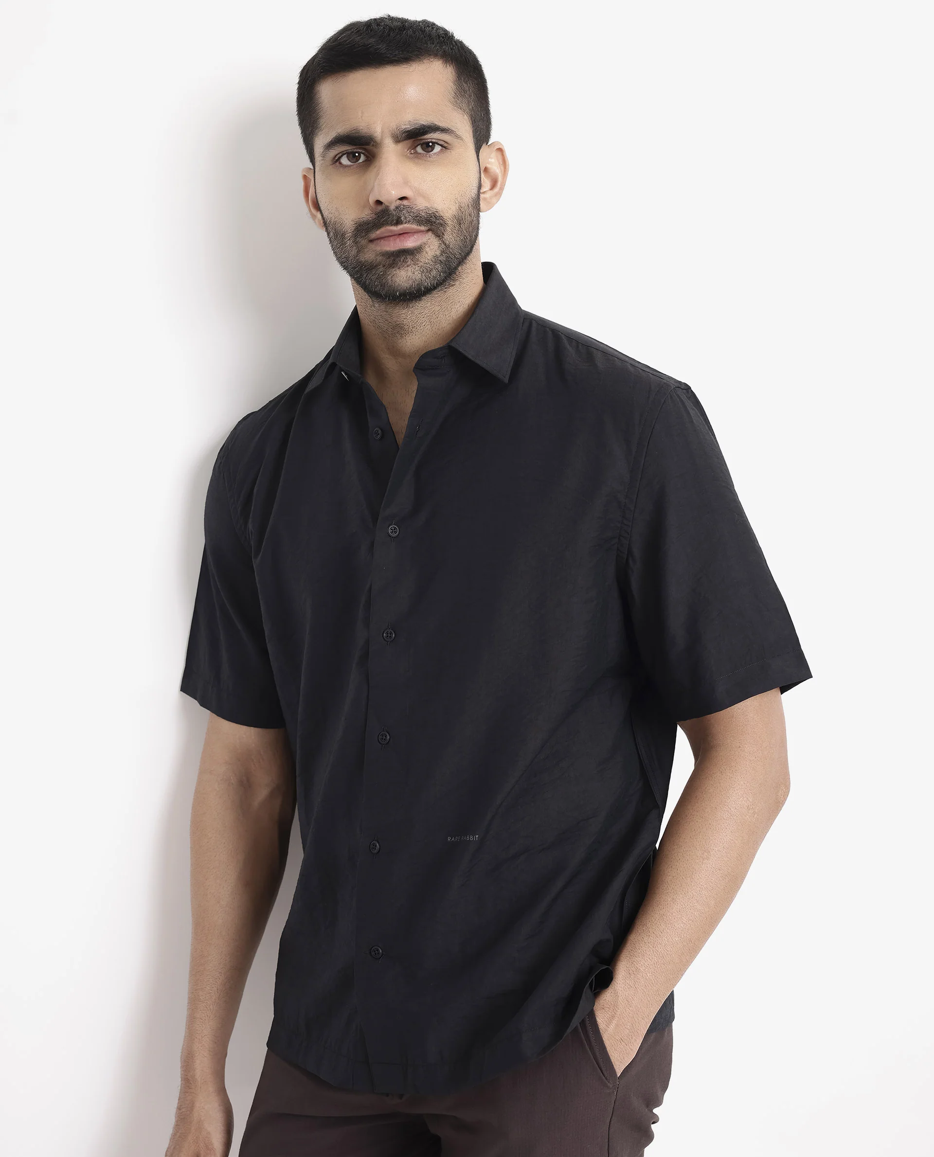 Rare Rabbit Men's Blois Black Viscose Plain Boxy Fit Half Sleeve Collared Shirt - Image 8