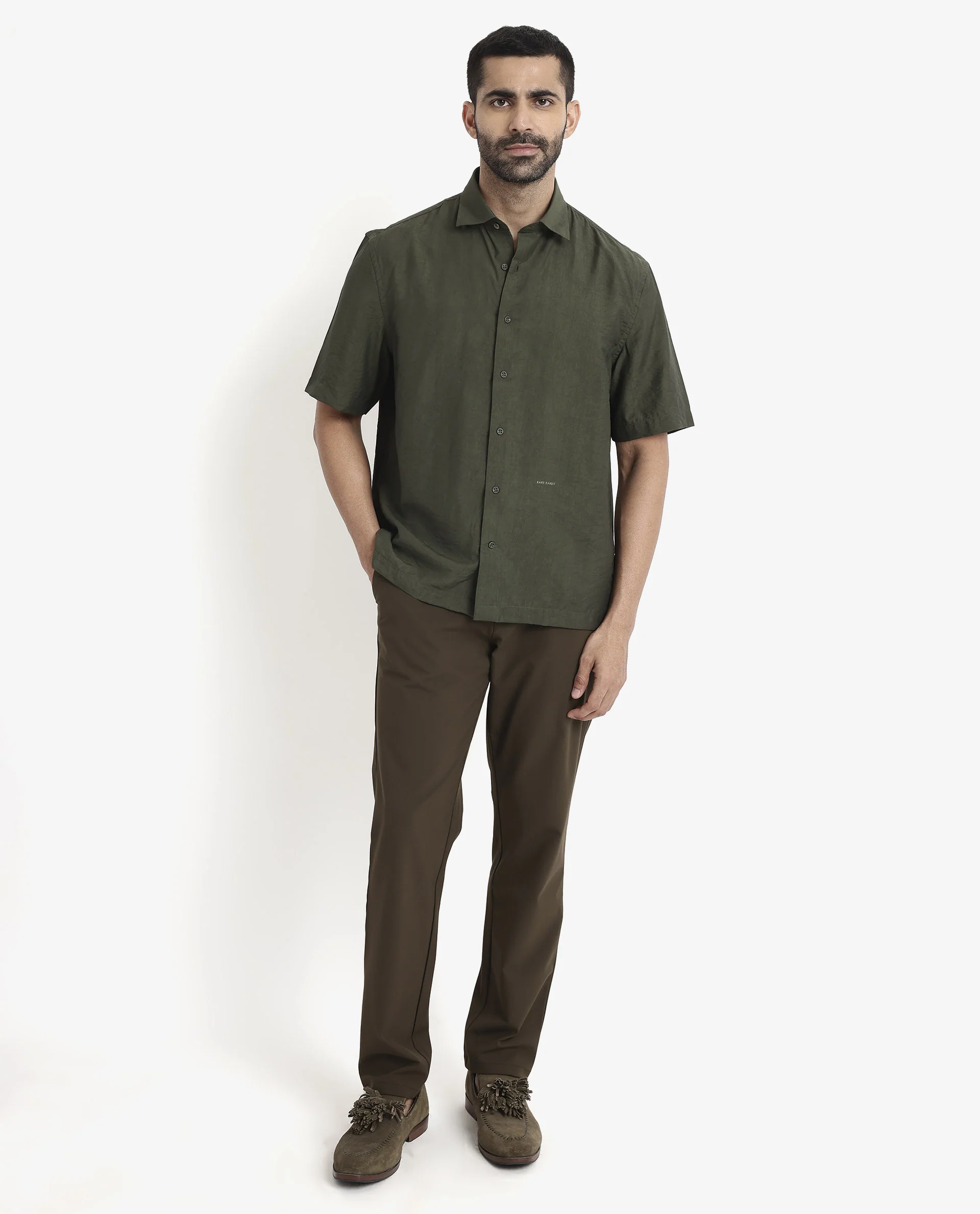 Rare Rabbit Men's Blois Dark Green Viscose Plain Boxy Fit Half Sleeve Collared Shirt - Image 2