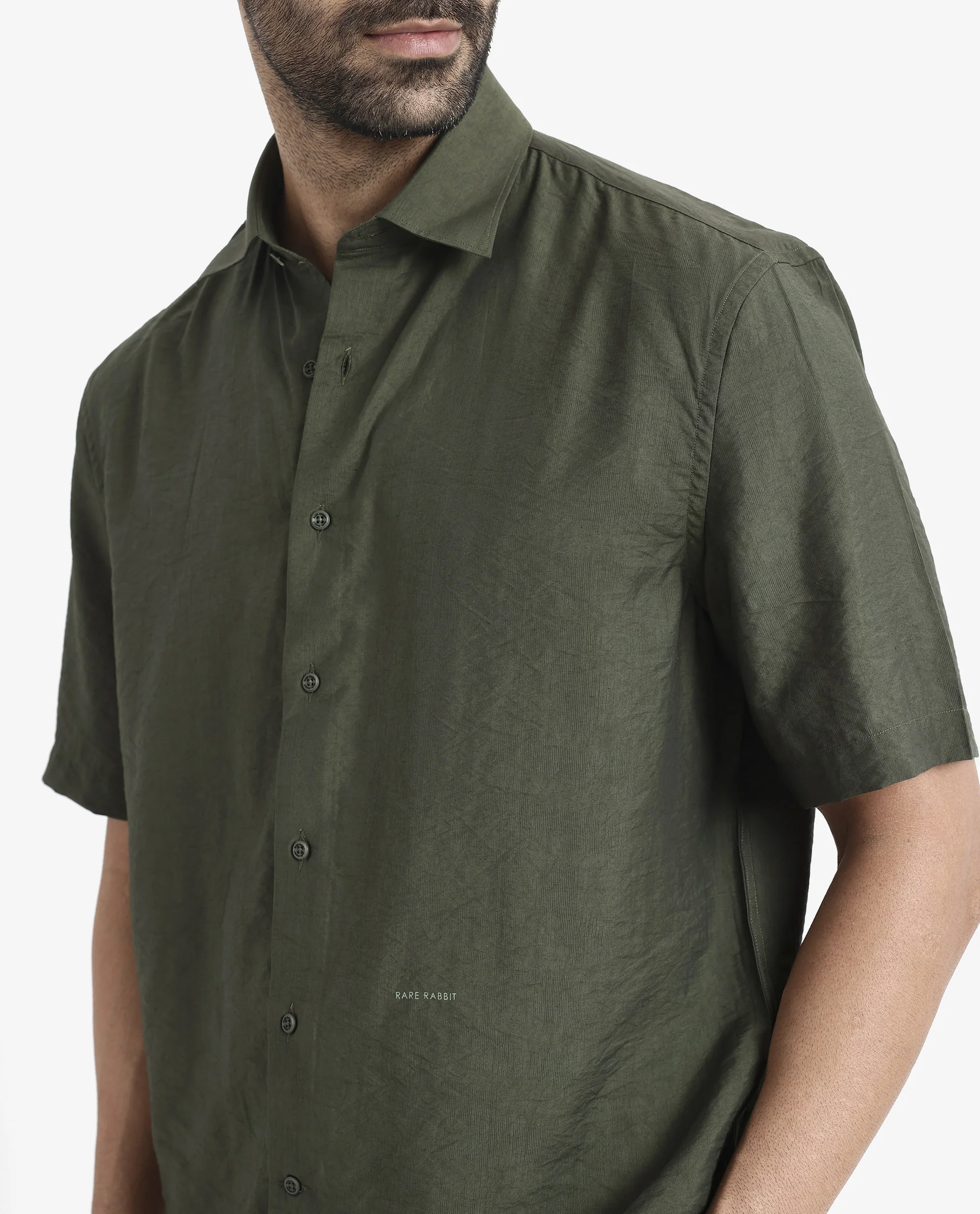Rare Rabbit Men's Blois Dark Green Viscose Plain Boxy Fit Half Sleeve Collared Shirt - Image 3