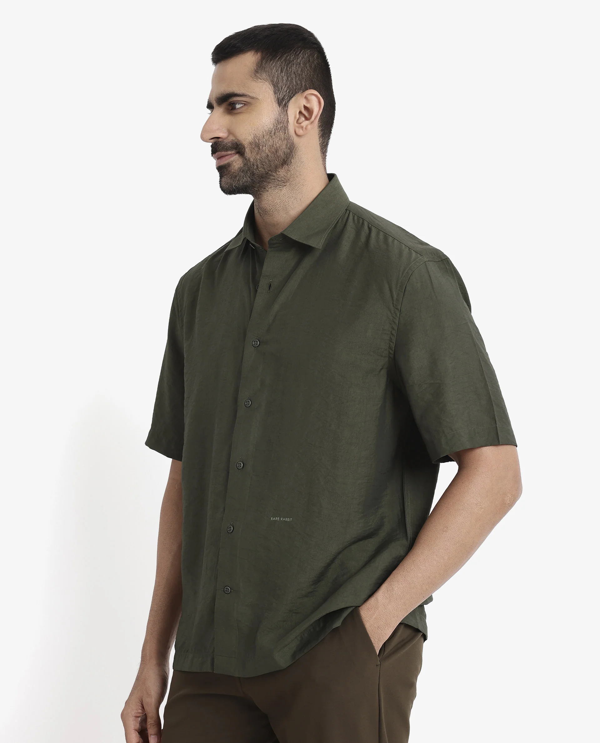 Rare Rabbit Men's Blois Dark Green Viscose Plain Boxy Fit Half Sleeve Collared Shirt - Image 4