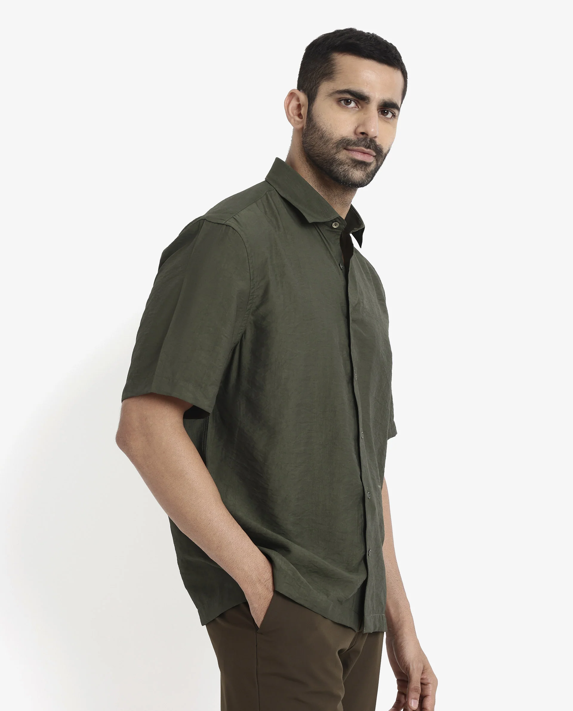 Rare Rabbit Men's Blois Dark Green Viscose Plain Boxy Fit Half Sleeve Collared Shirt - Image 5