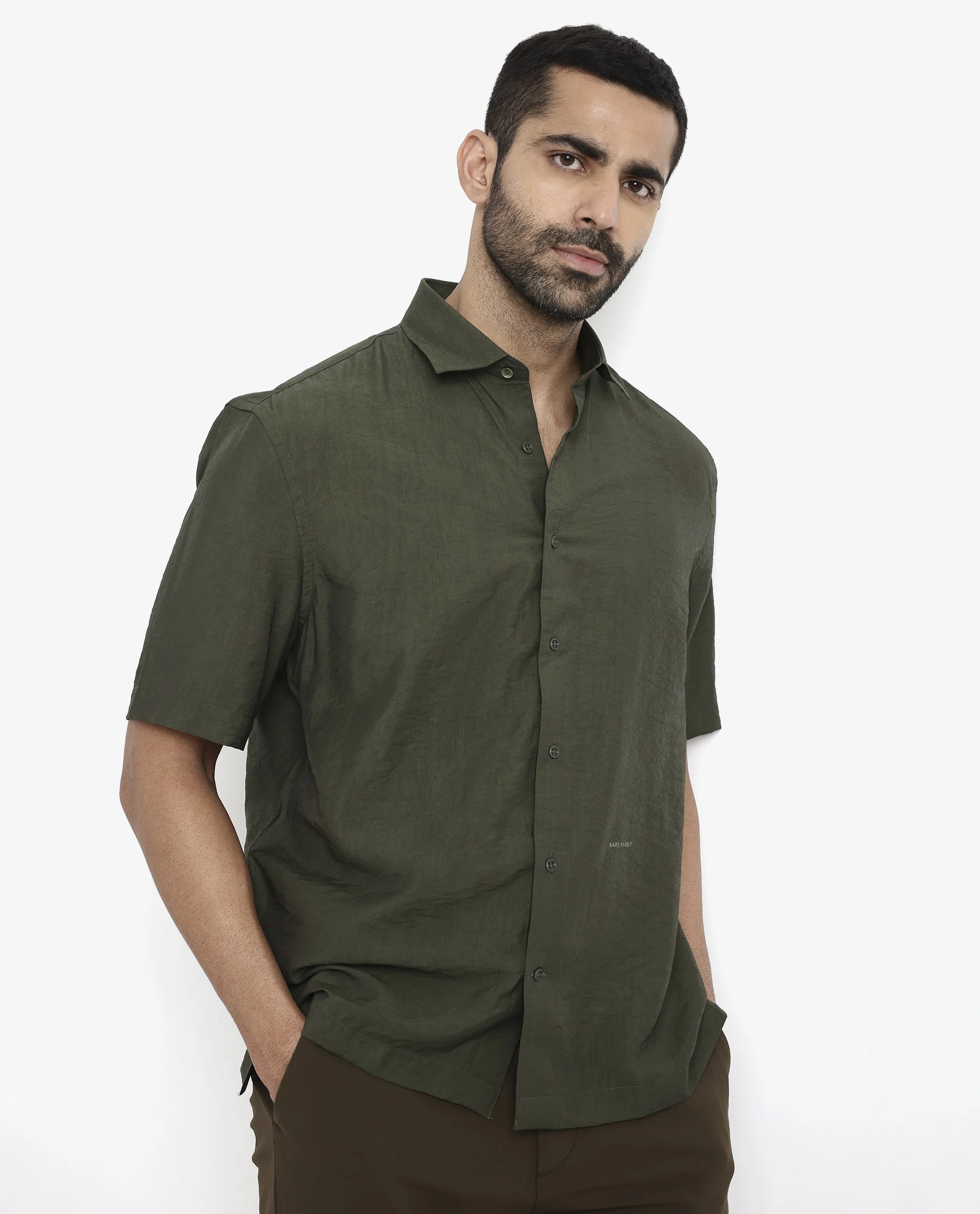 Rare Rabbit Men's Blois Dark Green Viscose Plain Boxy Fit Half Sleeve Collared Shirt - Image 7