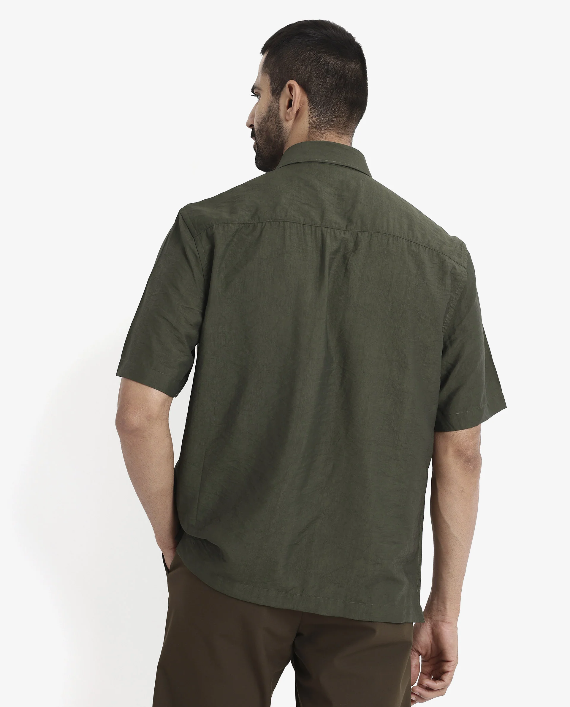 Rare Rabbit Men's Blois Dark Green Viscose Plain Boxy Fit Half Sleeve Collared Shirt - Image 8