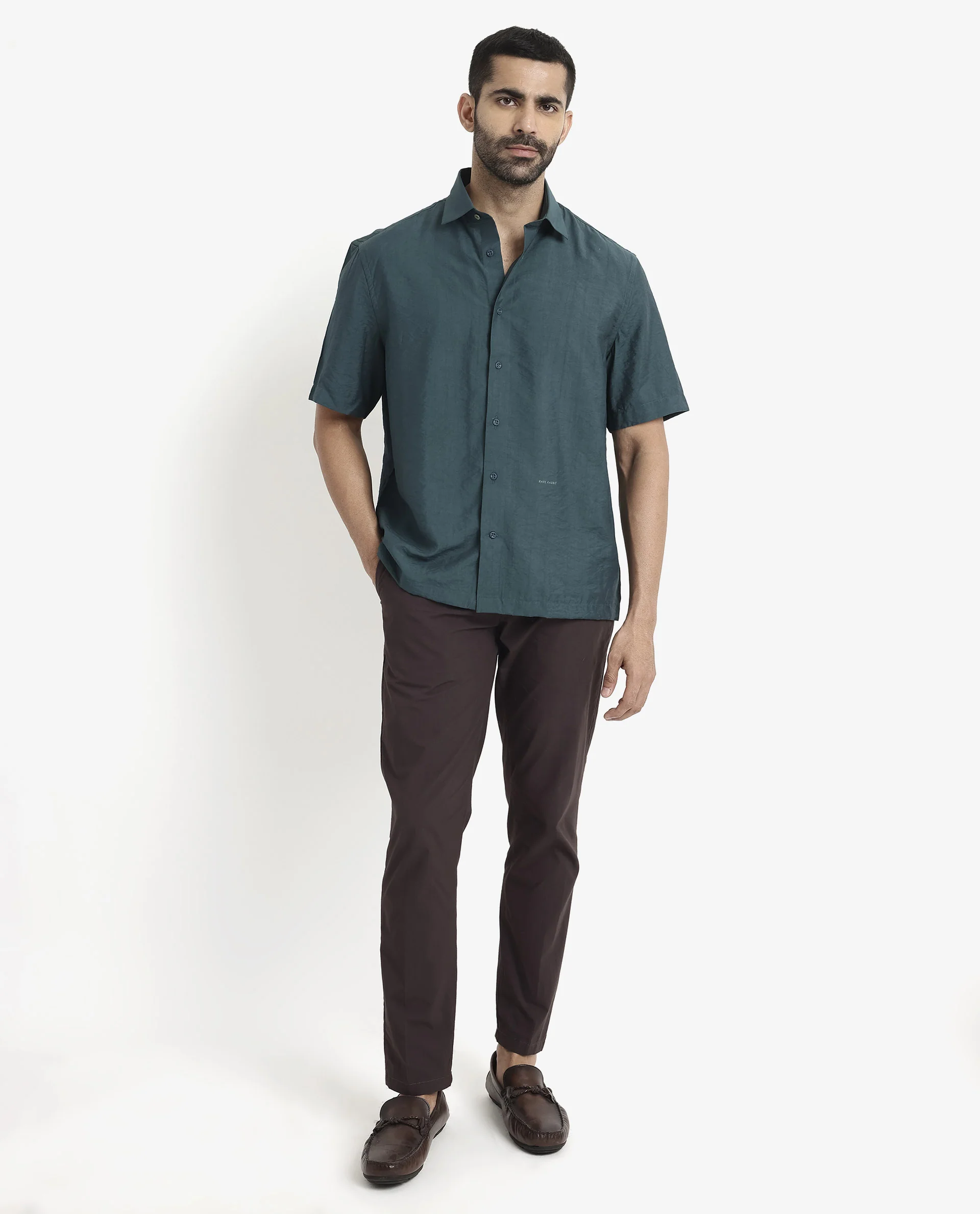 Rare Rabbit Men's Blois Dark Teal Viscose Plain Boxy Fit Half Sleeve Collared Shirt - Image 2