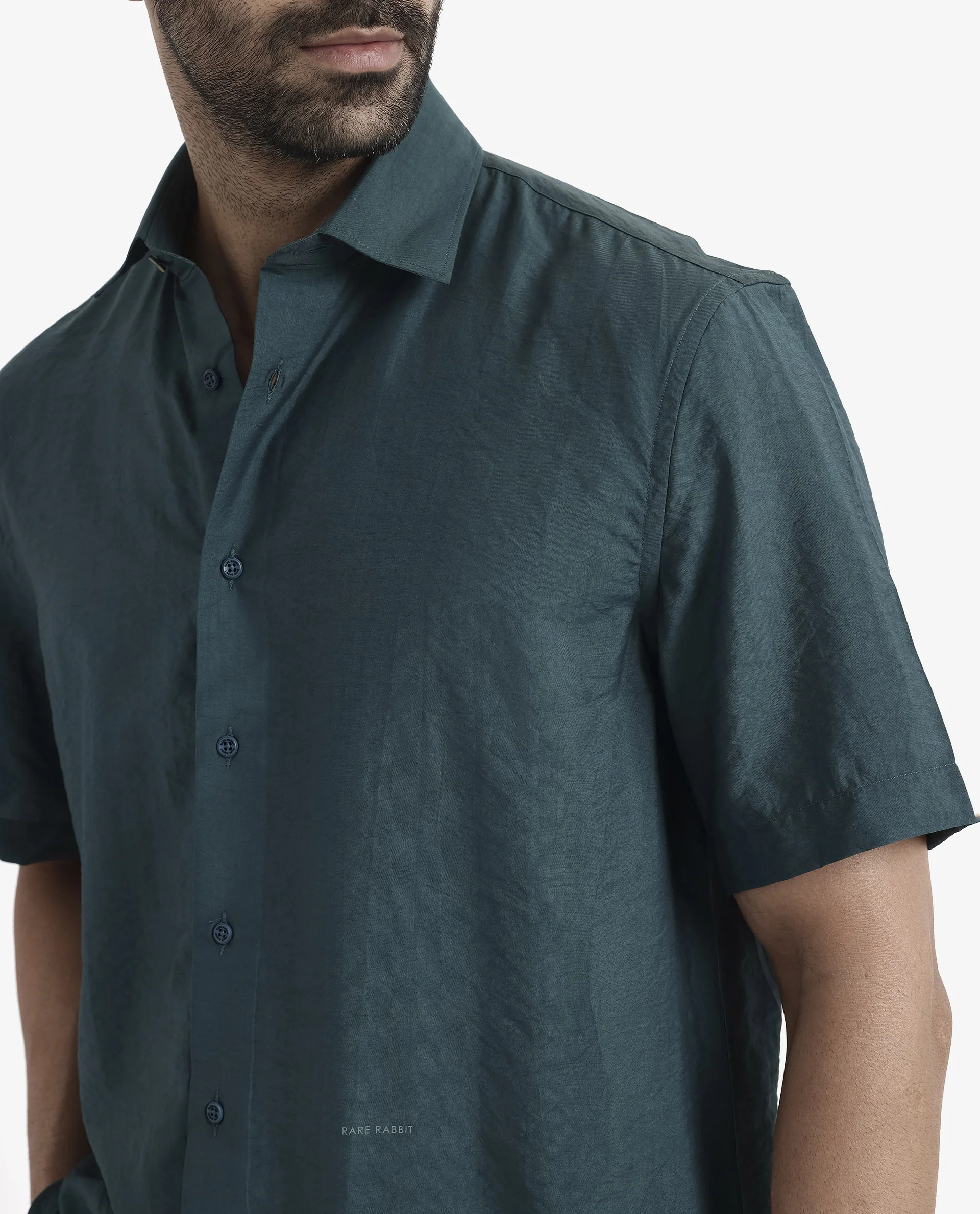 Rare Rabbit Men's Blois Dark Teal Viscose Plain Boxy Fit Half Sleeve Collared Shirt - Image 3