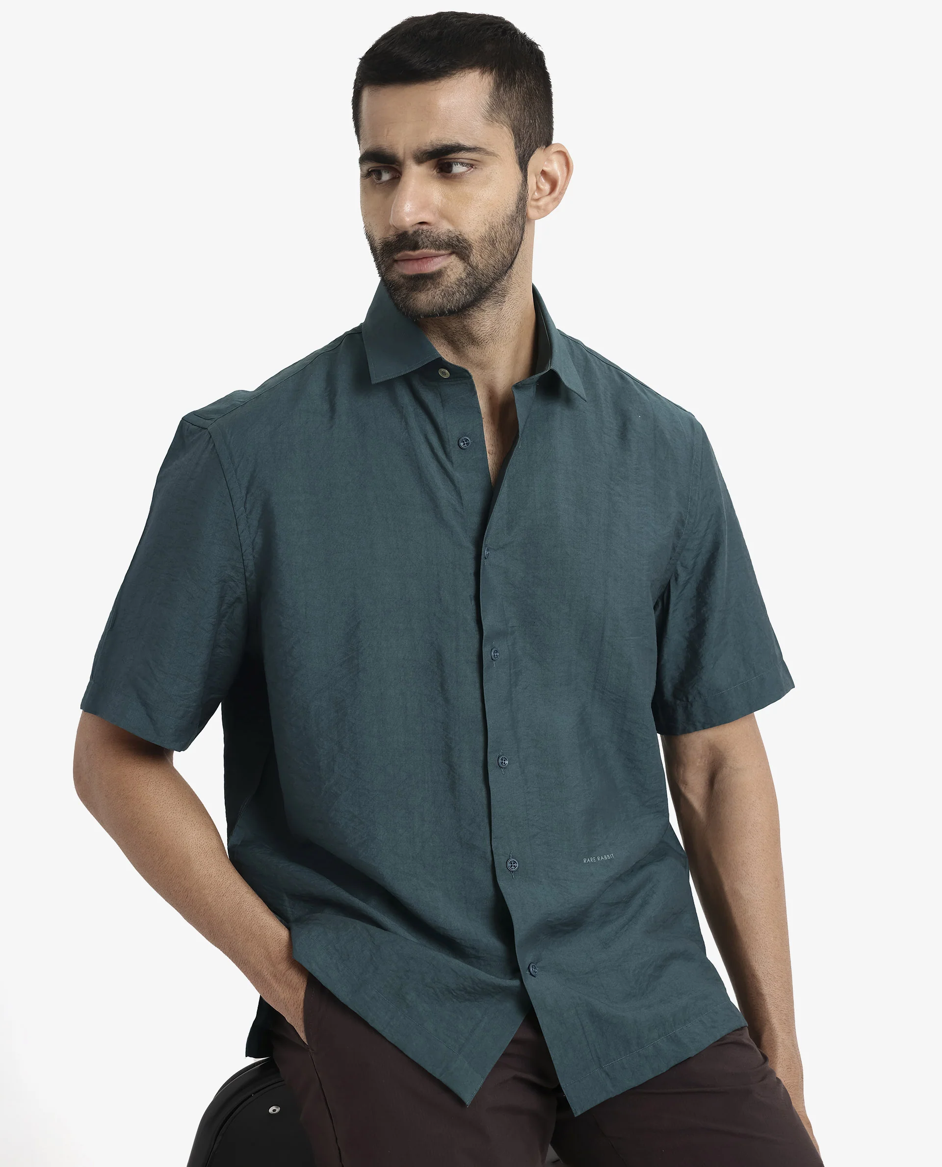 Rare Rabbit Men's Blois Dark Teal Viscose Plain Boxy Fit Half Sleeve Collared Shirt - Image 4