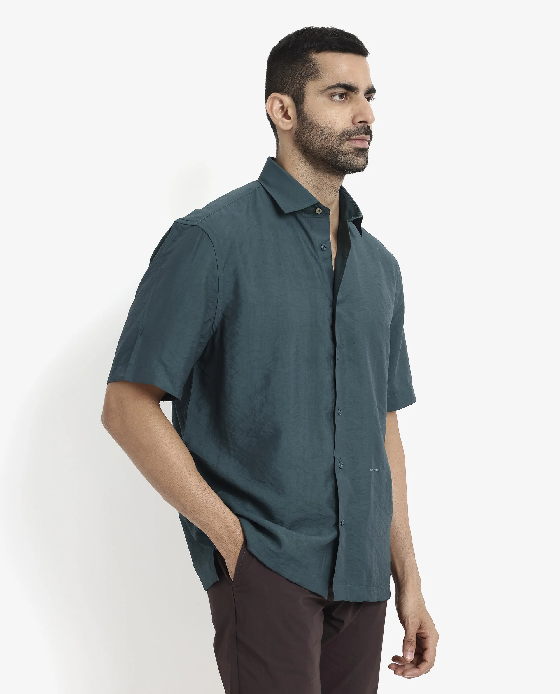 Rare Rabbit Men's Blois Dark Teal Viscose Plain Boxy Fit Half Sleeve Collared Shirt - Image 5