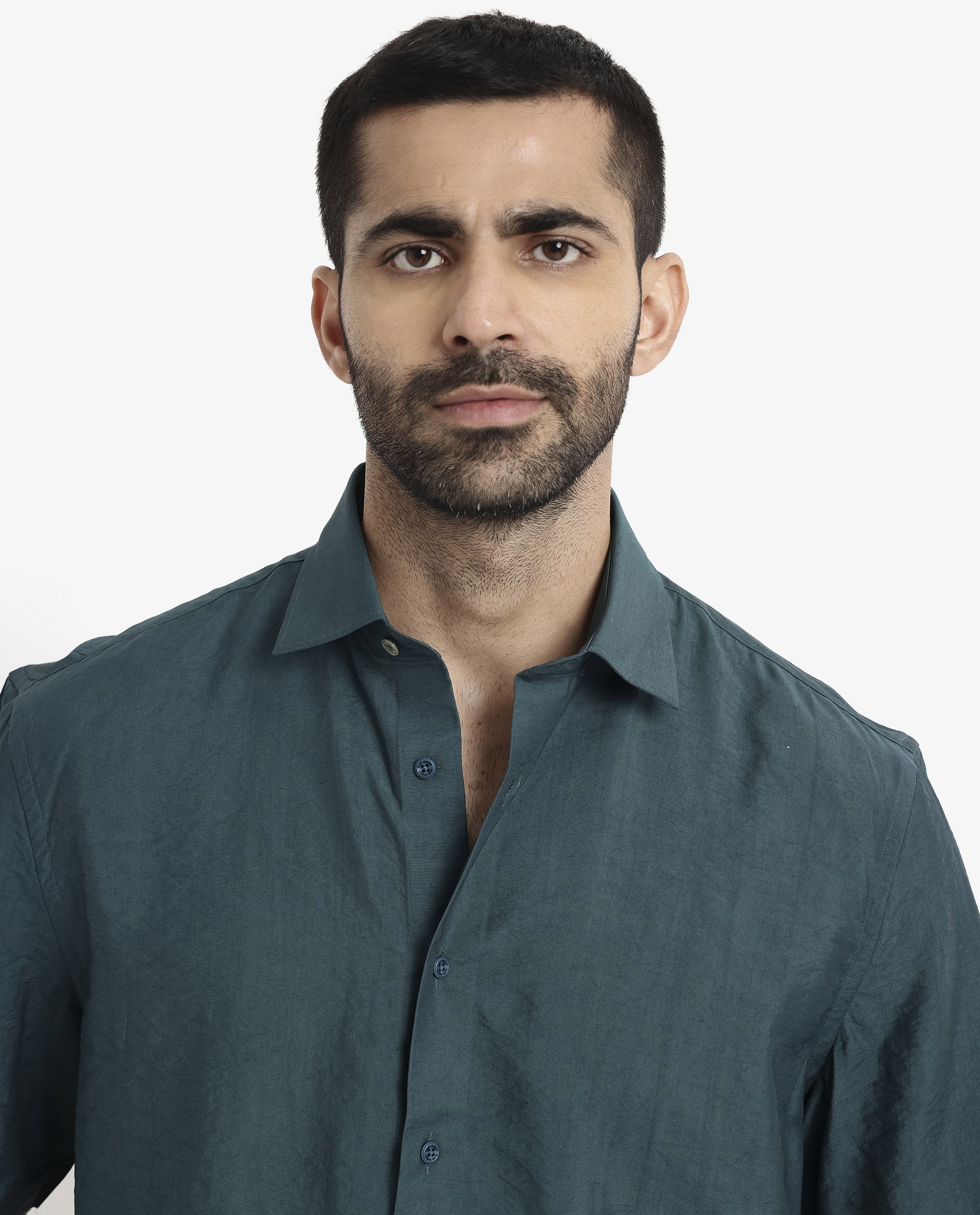 Rare Rabbit Men's Blois Dark Teal Viscose Plain Boxy Fit Half Sleeve Collared Shirt - Image 6
