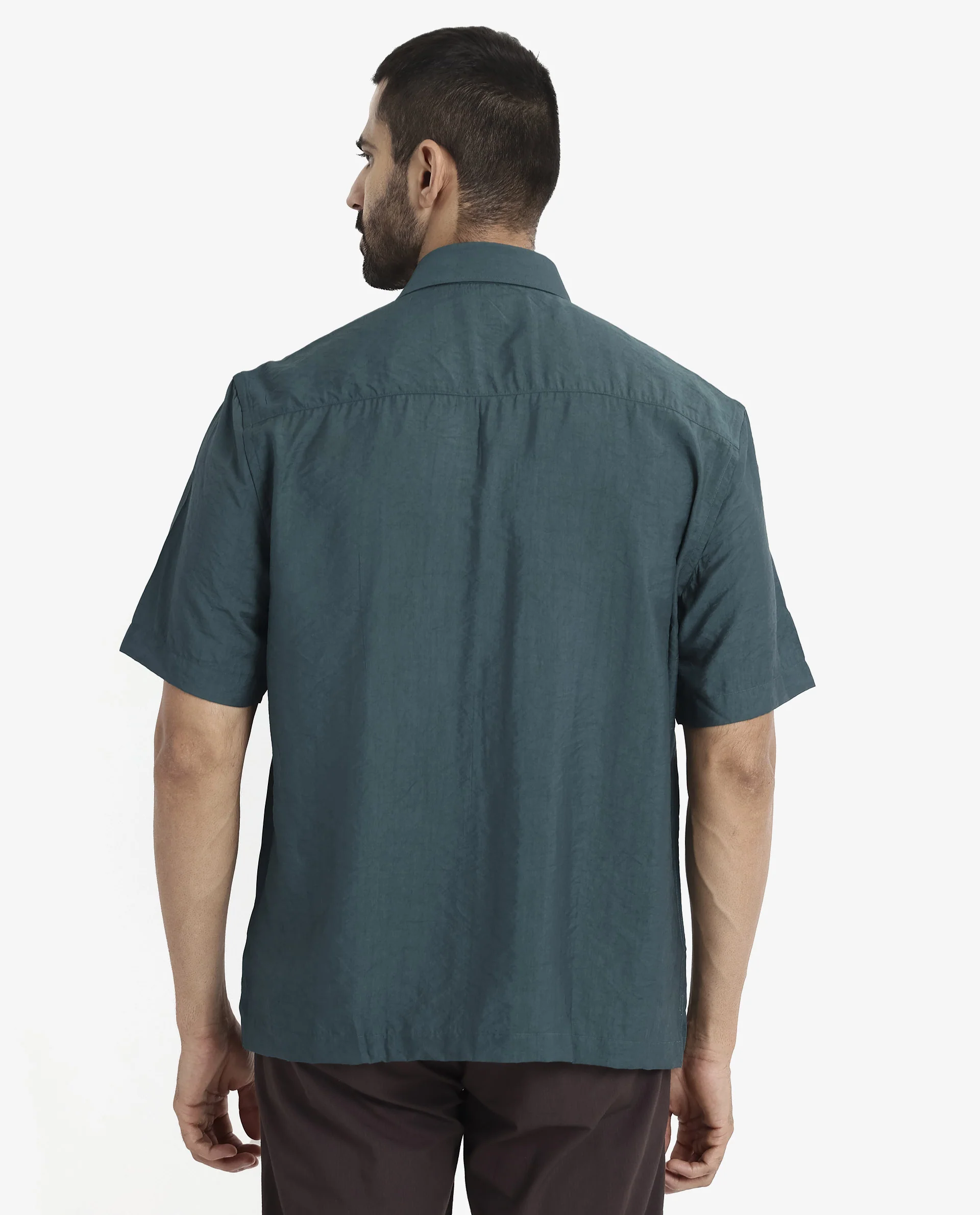 Rare Rabbit Men's Blois Dark Teal Viscose Plain Boxy Fit Half Sleeve Collared Shirt - Image 7