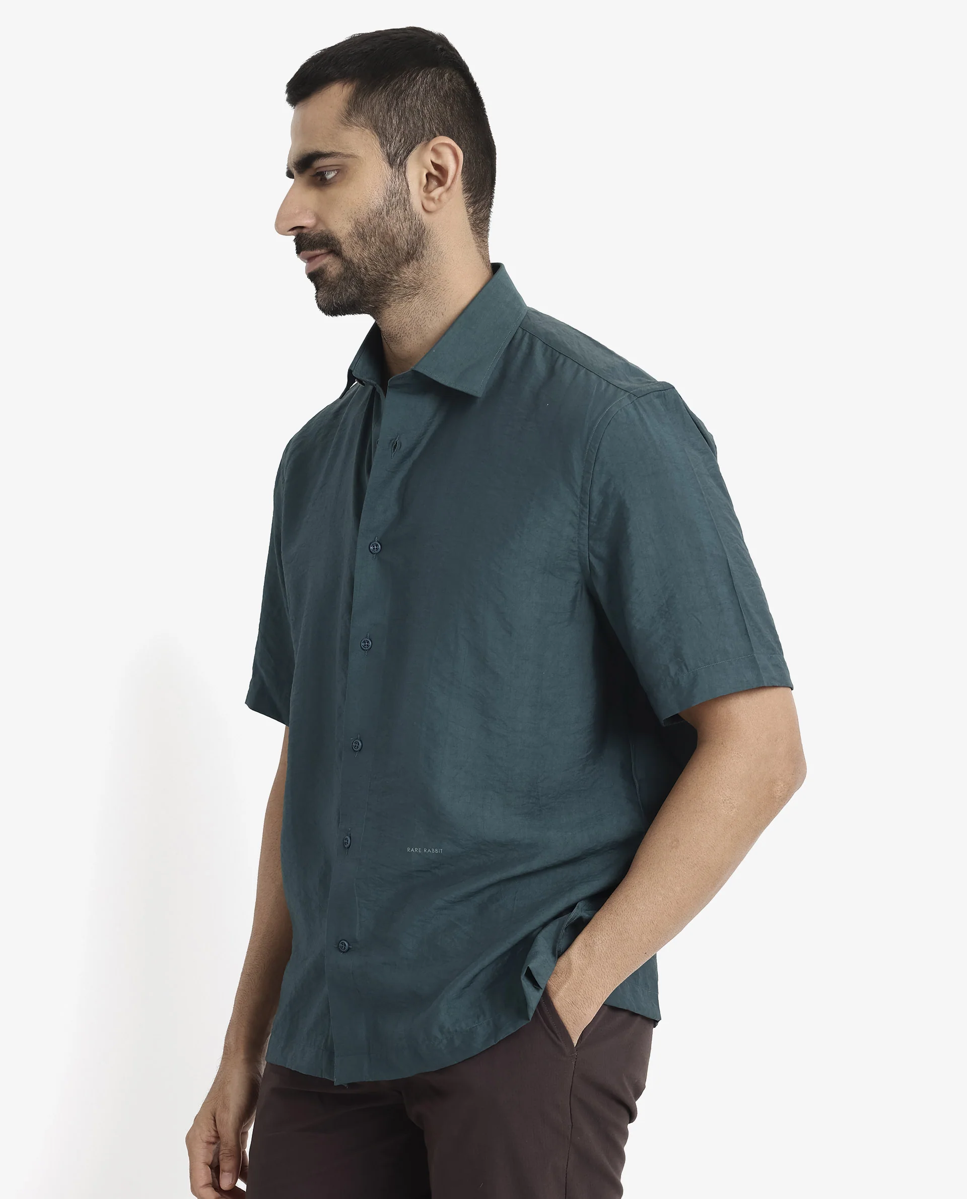 Rare Rabbit Men's Blois Dark Teal Viscose Plain Boxy Fit Half Sleeve Collared Shirt - Image 8