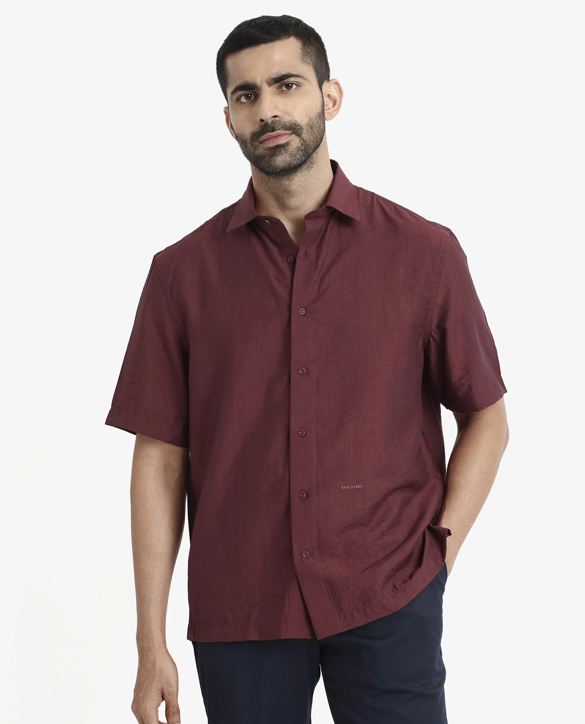 Rare Rabbit Men's Blois Maroon Viscose Plain Boxy Fit Half Sleeve Collared Shirt