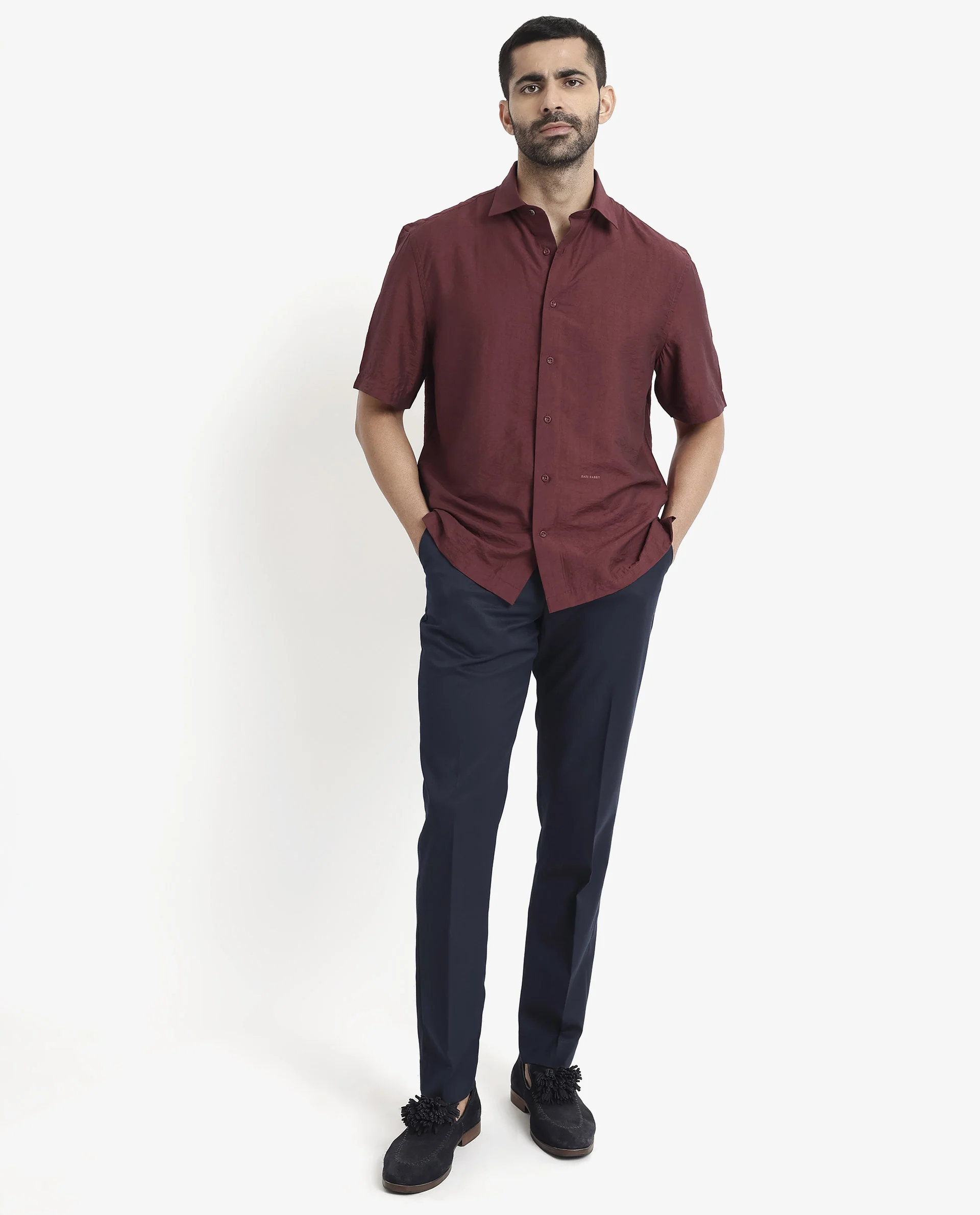 Rare Rabbit Men's Blois Maroon Viscose Plain Boxy Fit Half Sleeve Collared Shirt - Image 2