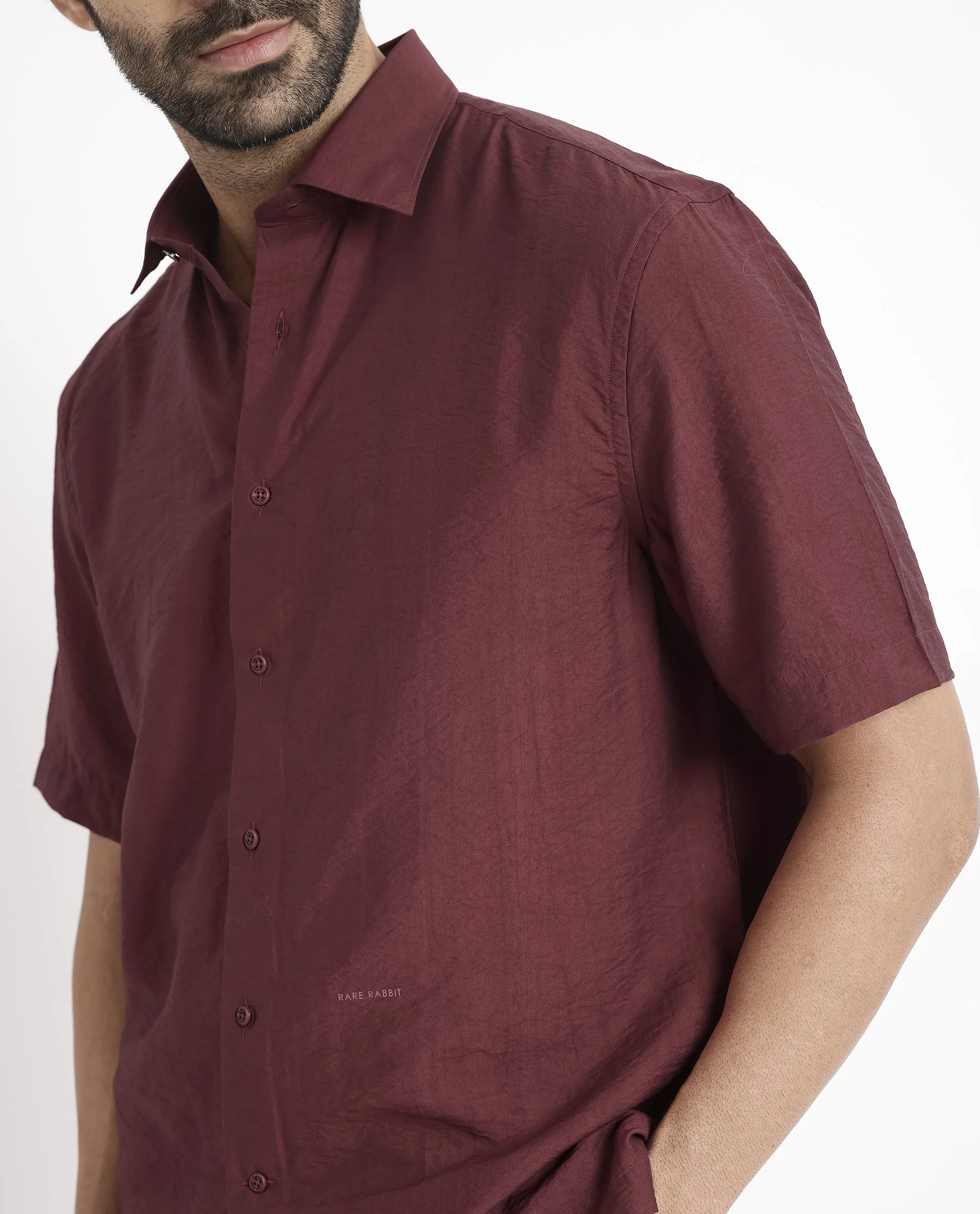 Rare Rabbit Men's Blois Maroon Viscose Plain Boxy Fit Half Sleeve Collared Shirt - Image 3