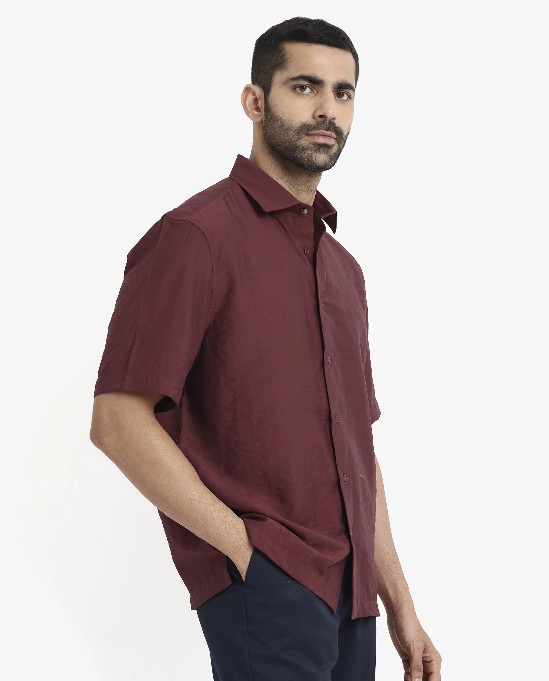 Rare Rabbit Men's Blois Maroon Viscose Plain Boxy Fit Half Sleeve Collared Shirt - Image 4