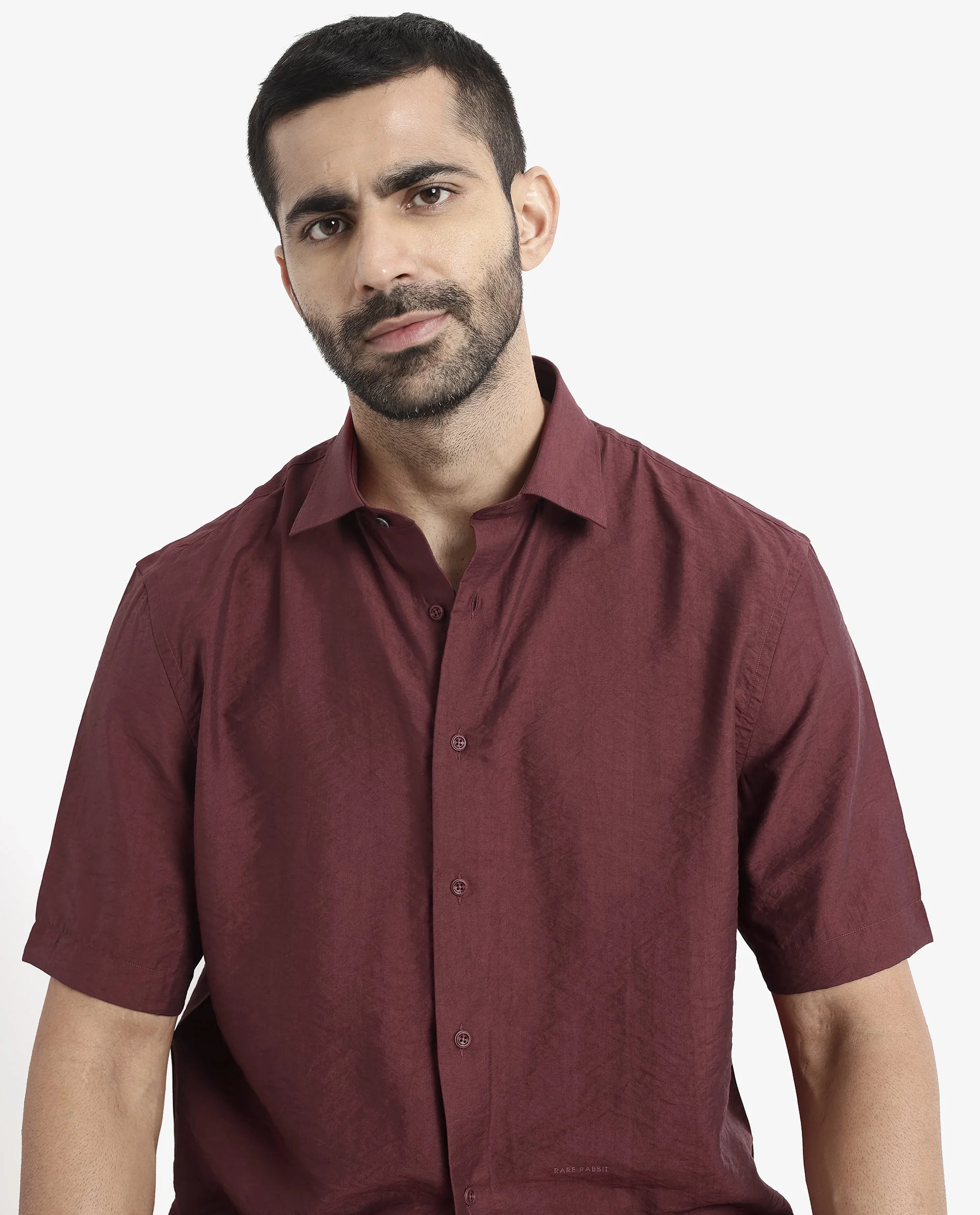 Rare Rabbit Men's Blois Maroon Viscose Plain Boxy Fit Half Sleeve Collared Shirt - Image 6