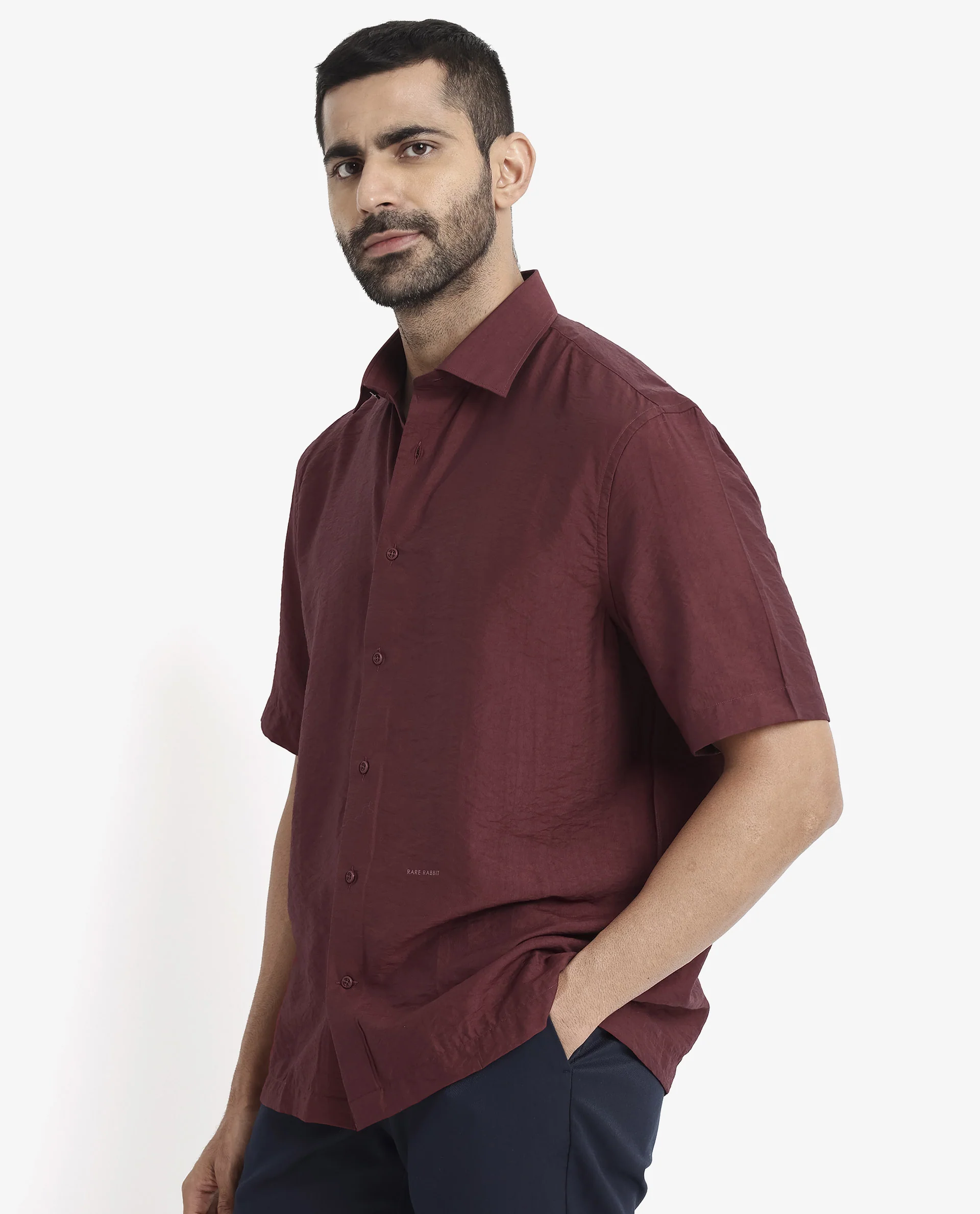 Rare Rabbit Men's Blois Maroon Viscose Plain Boxy Fit Half Sleeve Collared Shirt - Image 7
