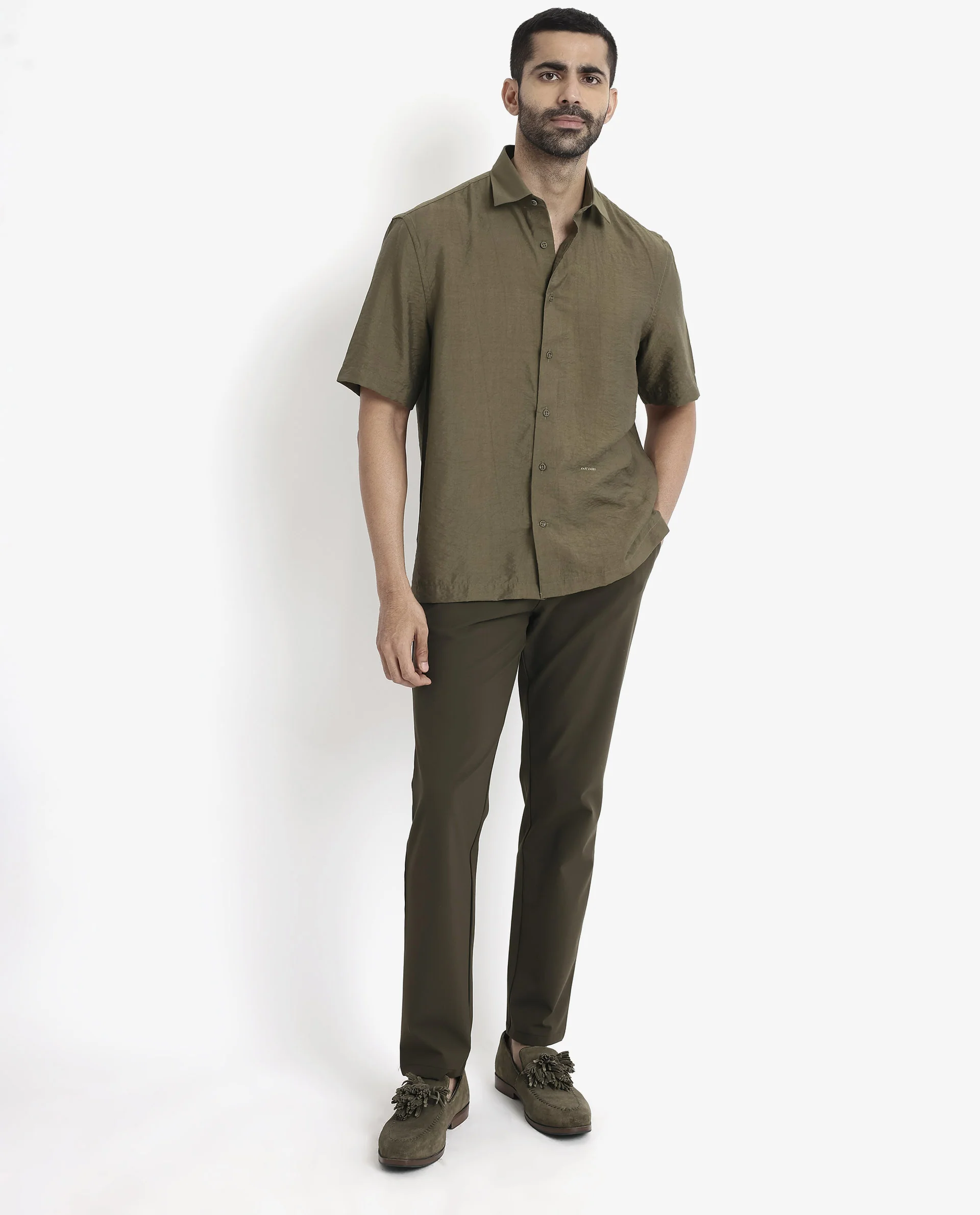 Rare Rabbit Men's Blois Olive Viscose Plain Boxy Fit Half Sleeve Collared Shirt - Image 2