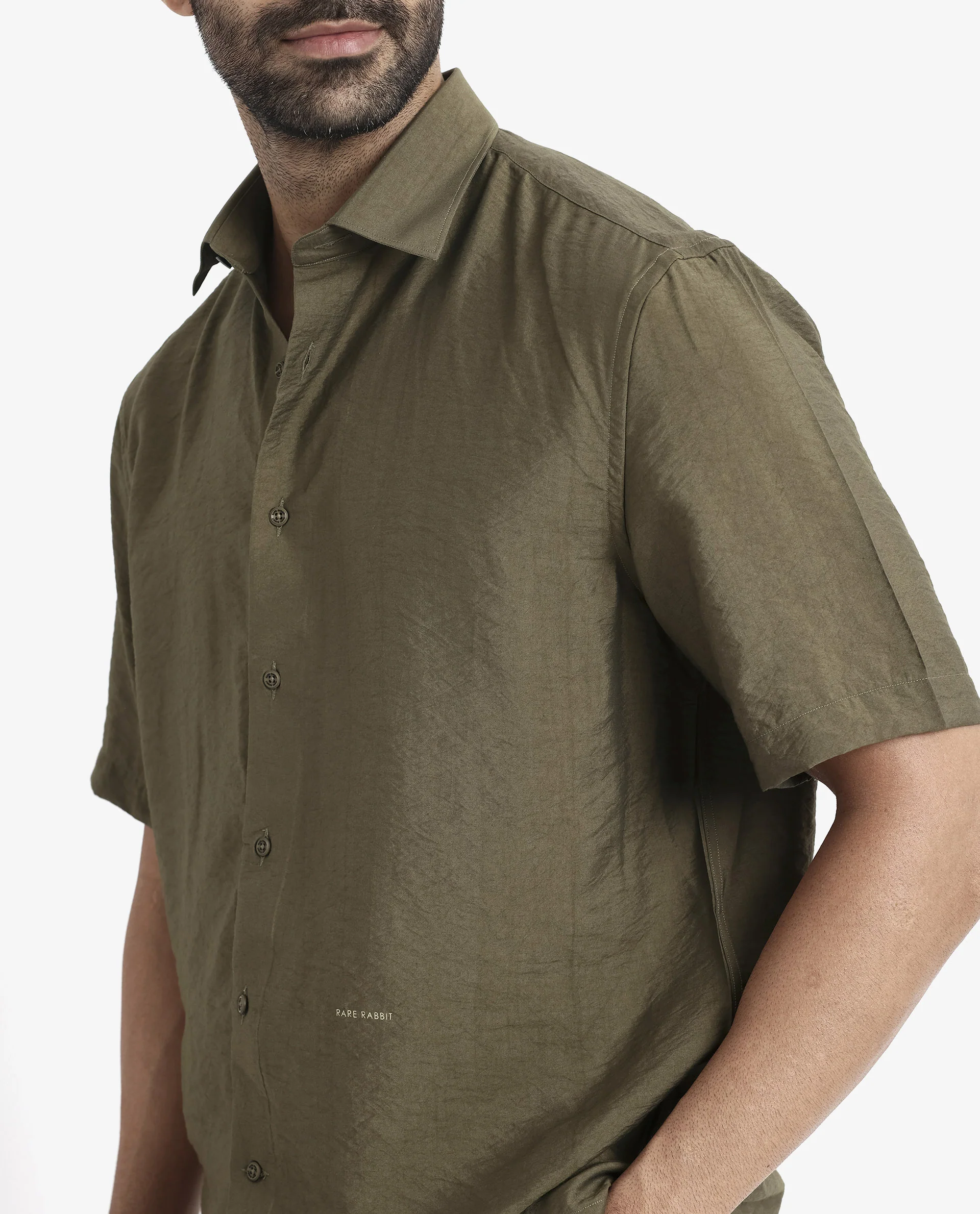 Rare Rabbit Men's Blois Olive Viscose Plain Boxy Fit Half Sleeve Collared Shirt - Image 3