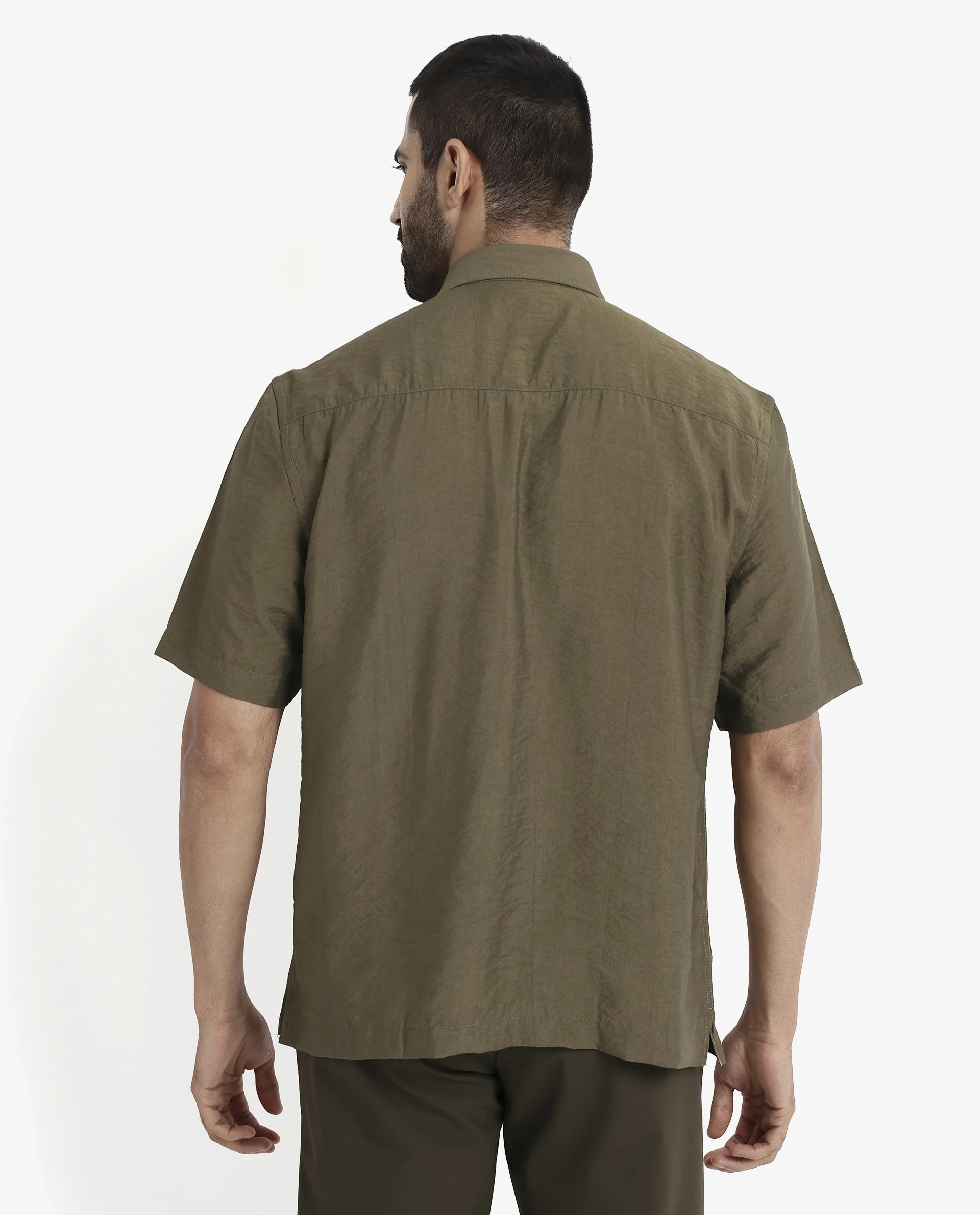 Rare Rabbit Men's Blois Olive Viscose Plain Boxy Fit Half Sleeve Collared Shirt - Image 4