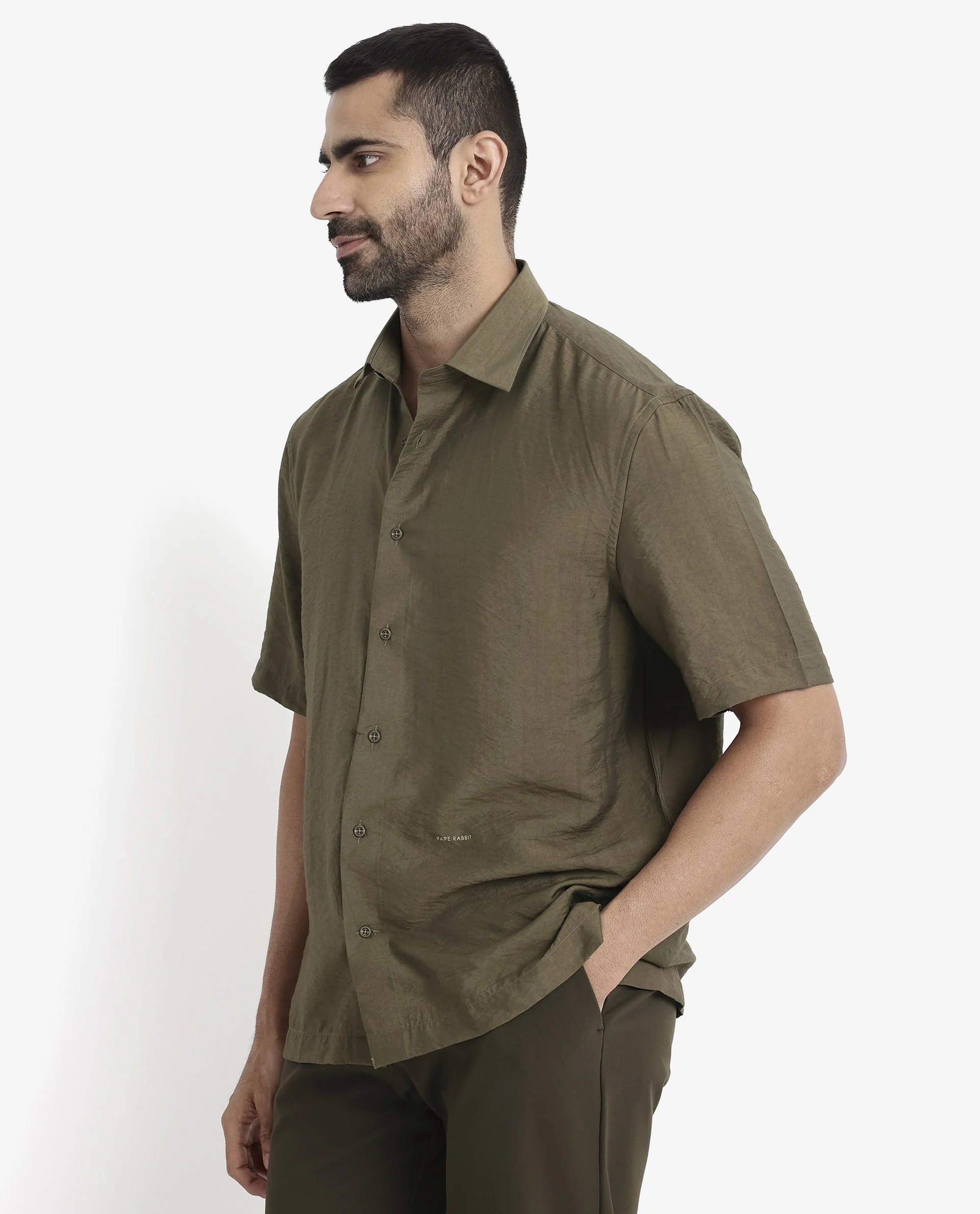 Rare Rabbit Men's Blois Olive Viscose Plain Boxy Fit Half Sleeve Collared Shirt - Image 5