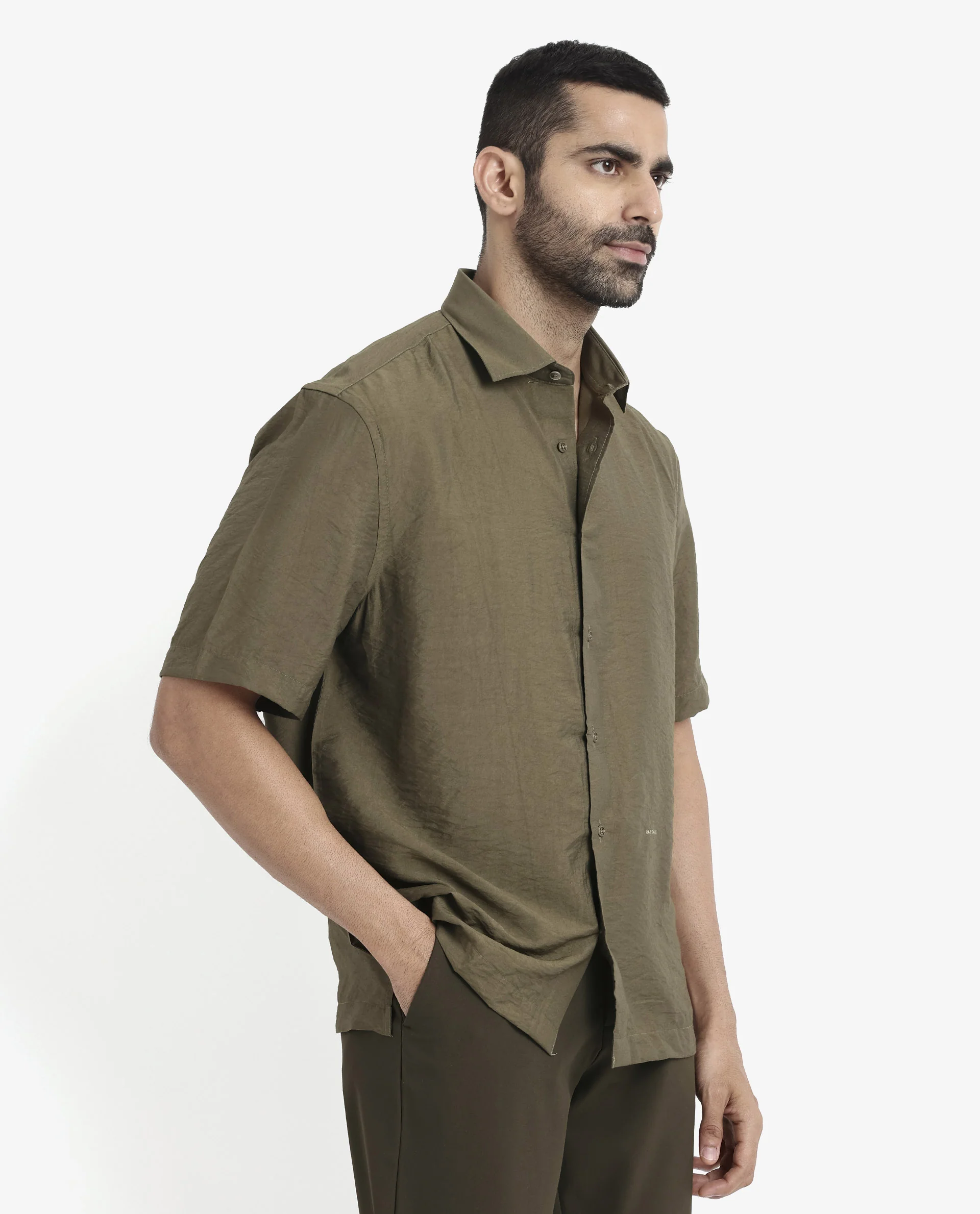 Rare Rabbit Men's Blois Olive Viscose Plain Boxy Fit Half Sleeve Collared Shirt - Image 6