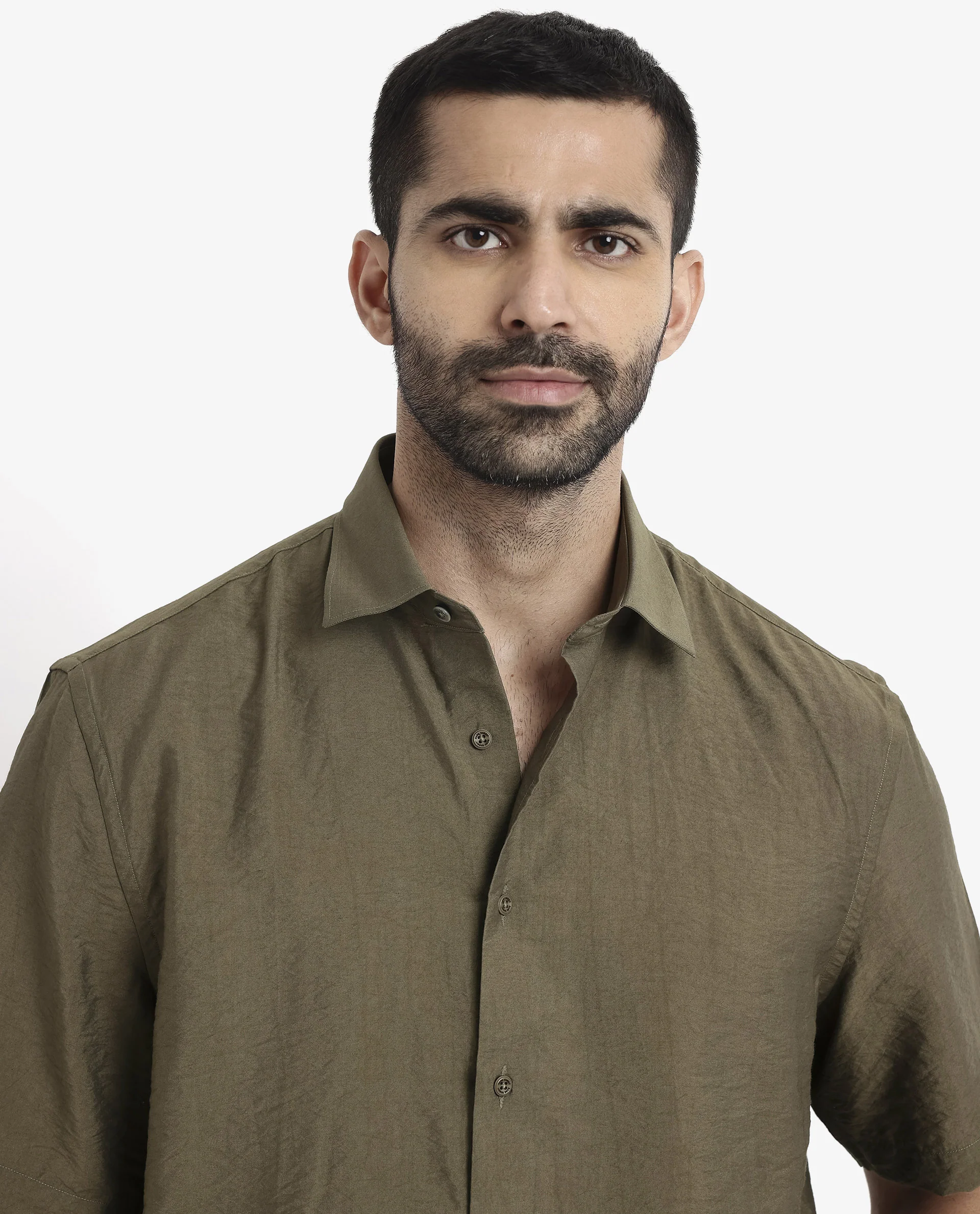 Rare Rabbit Men's Blois Olive Viscose Plain Boxy Fit Half Sleeve Collared Shirt - Image 7