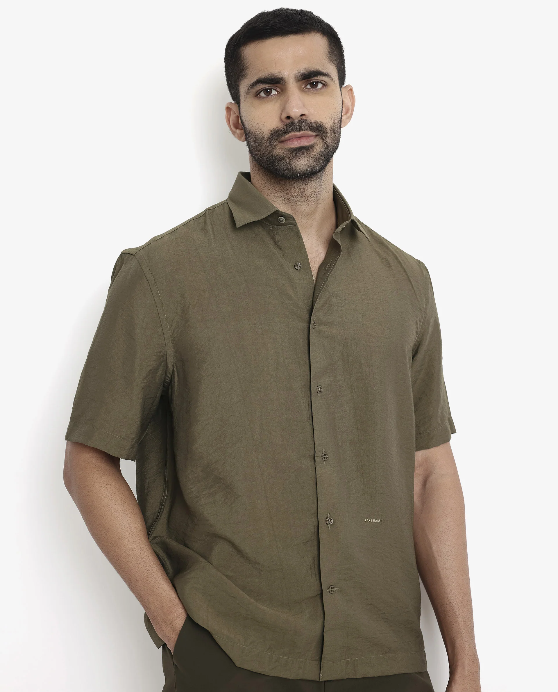 Rare Rabbit Men's Blois Olive Viscose Plain Boxy Fit Half Sleeve Collared Shirt - Image 8