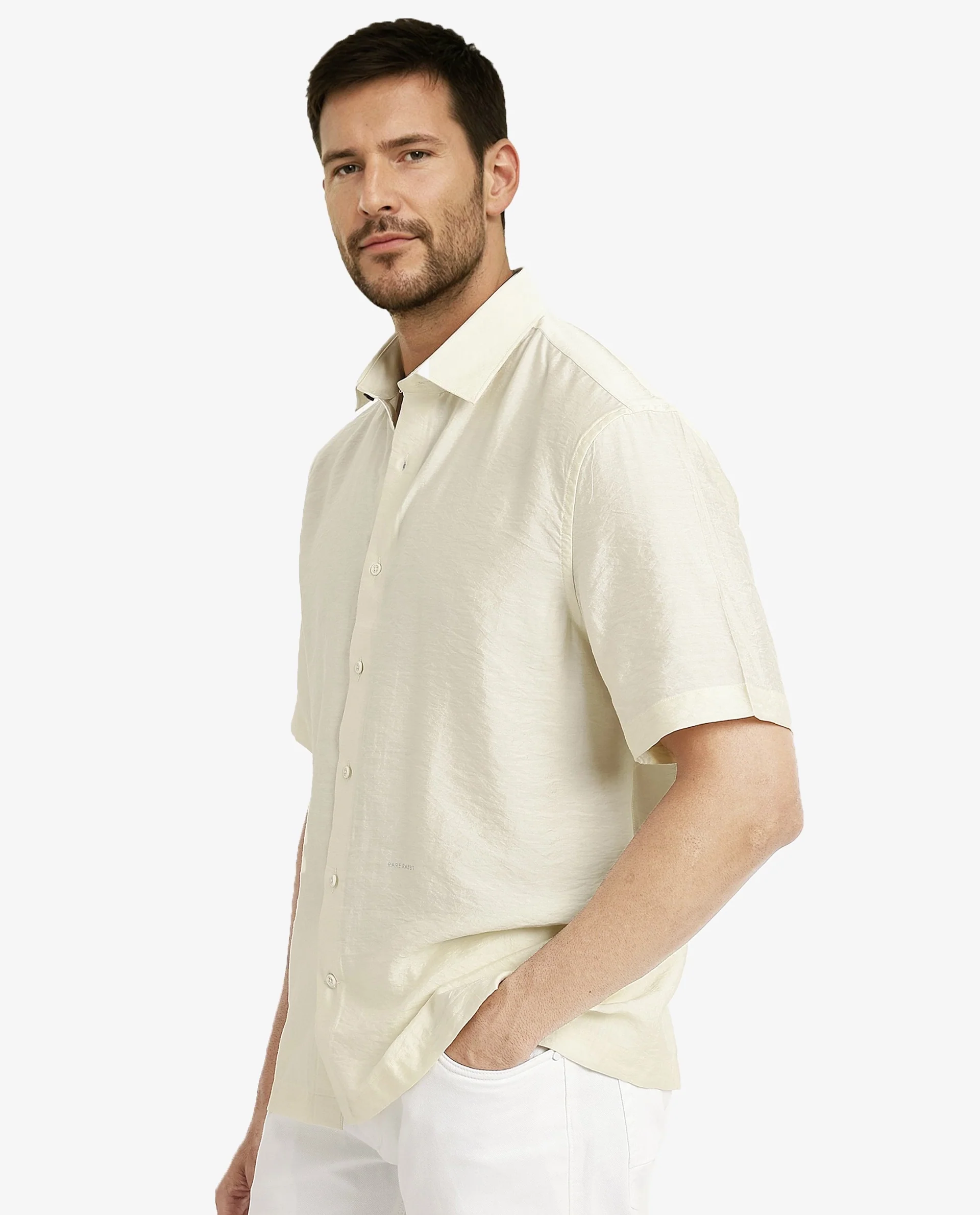 Rare Rabbit Men's Blois Pastel Yellow Viscose Plain Boxy Fit Half Sleeve Collared Shirt - Image 5