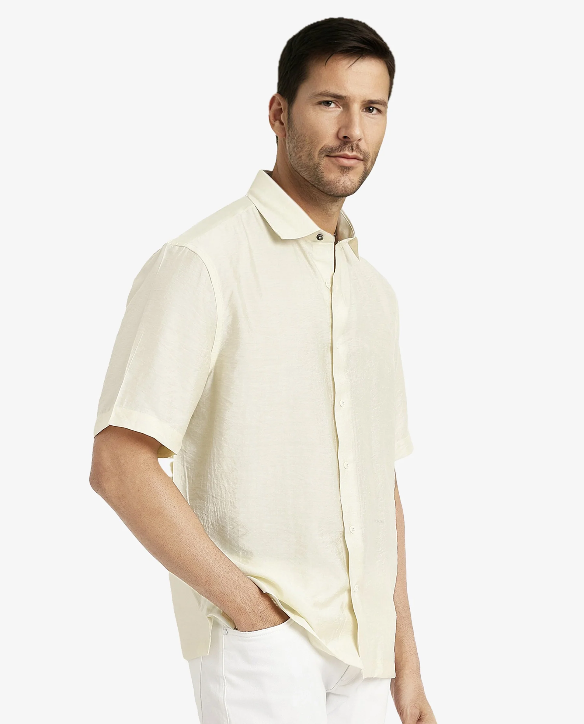 Rare Rabbit Men's Blois Pastel Yellow Viscose Plain Boxy Fit Half Sleeve Collared Shirt - Image 6